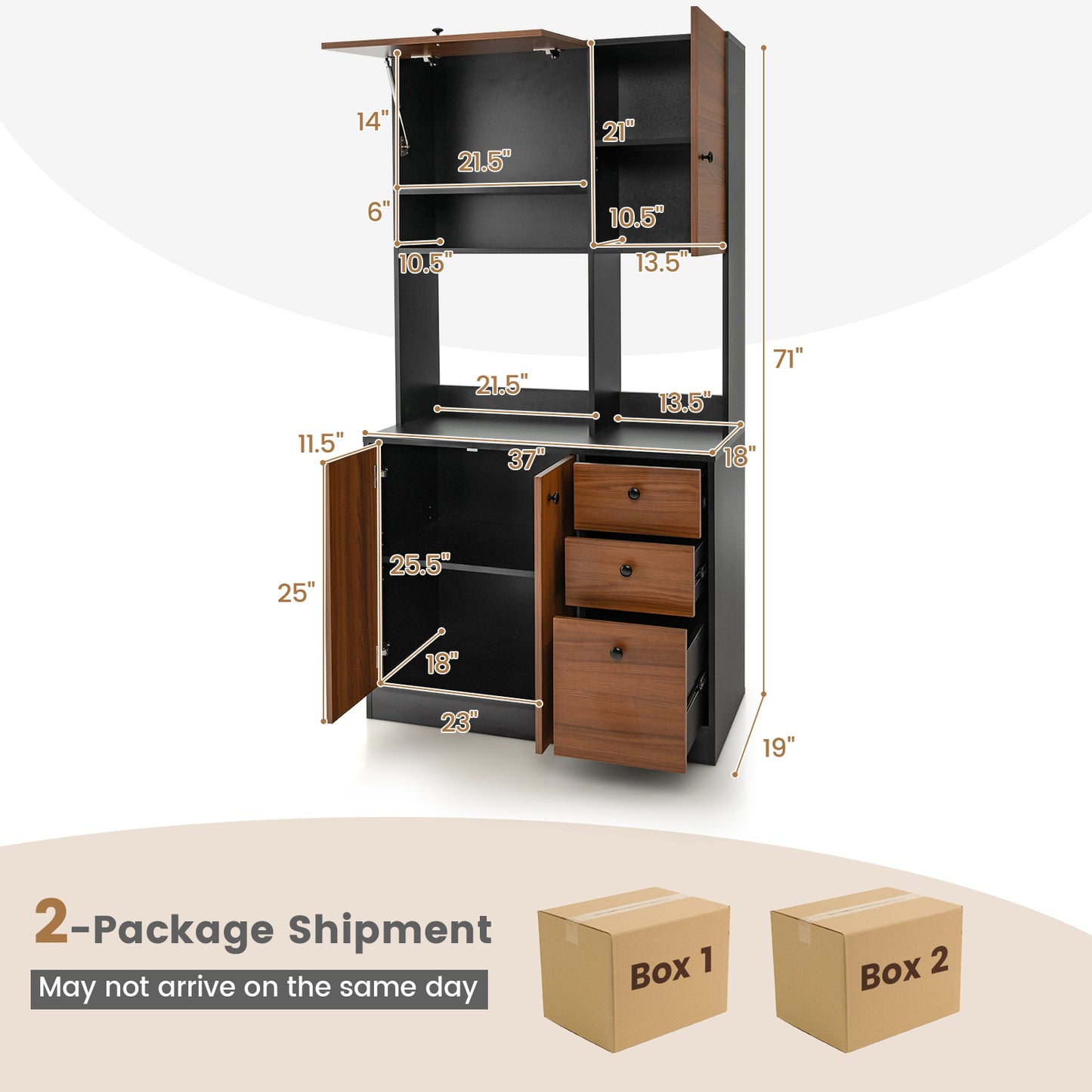 Tall Kitchen Pantry Cabinet with 3 Storage Cabinets 3 Drawers Adjustable Shelves and Countertop - Black
