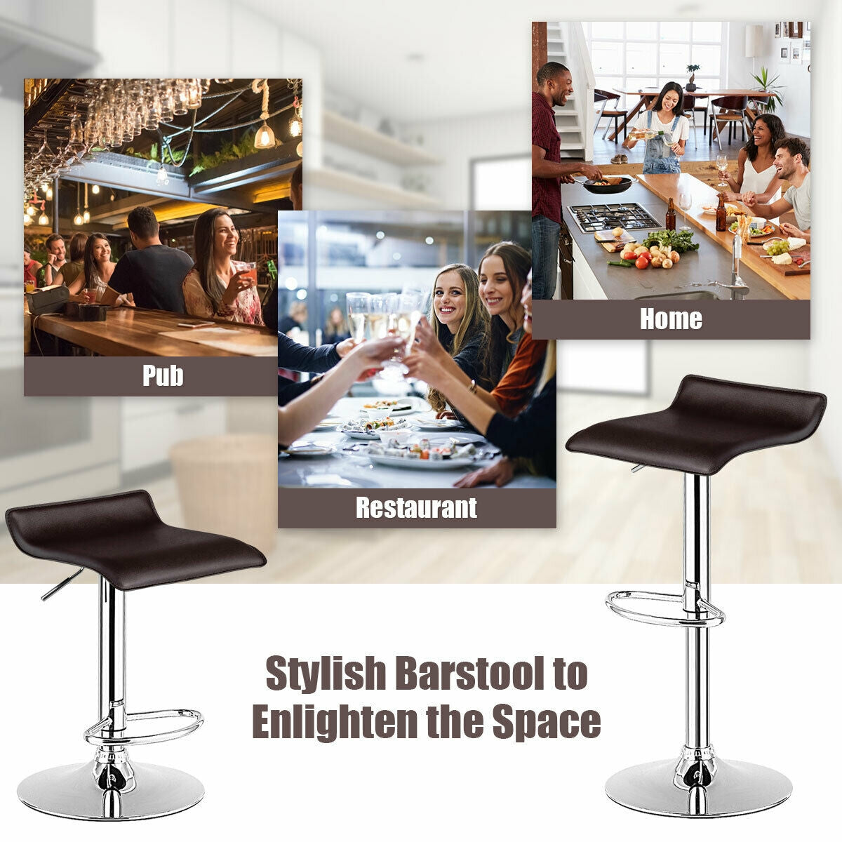 Set of 2 Adjustable Backless Bar Stools with PU Leather Seats and Chrome Steel Base in Brown