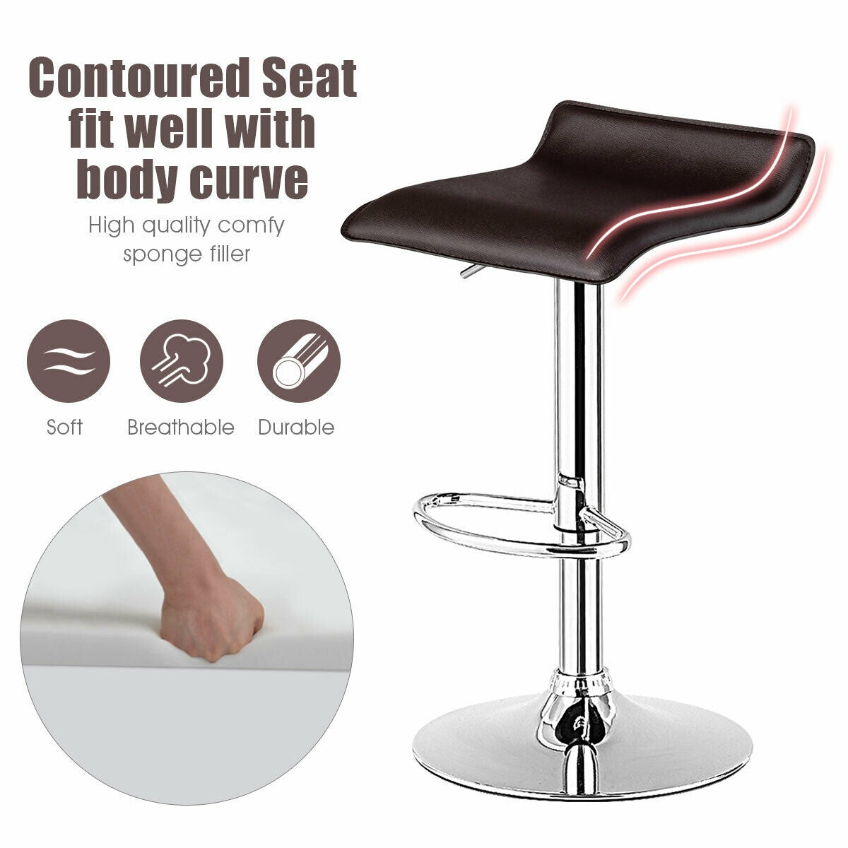 Set of 2 Adjustable Backless Bar Stools with PU Leather Seats and Chrome Steel Base in Brown