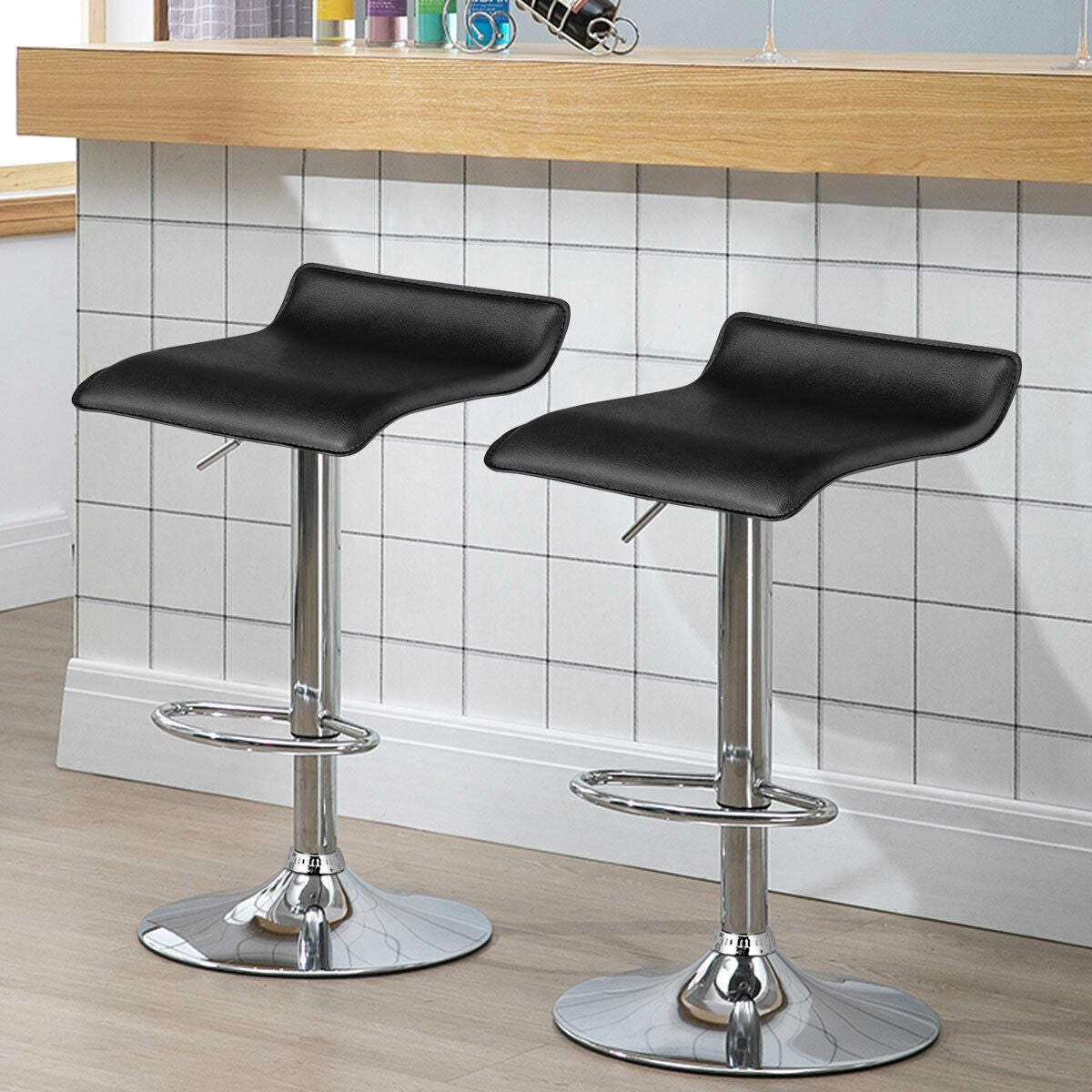 Set of 2 Adjustable Backless Bar Stools with PU Leather Seats and Chrome Steel Base in Black
