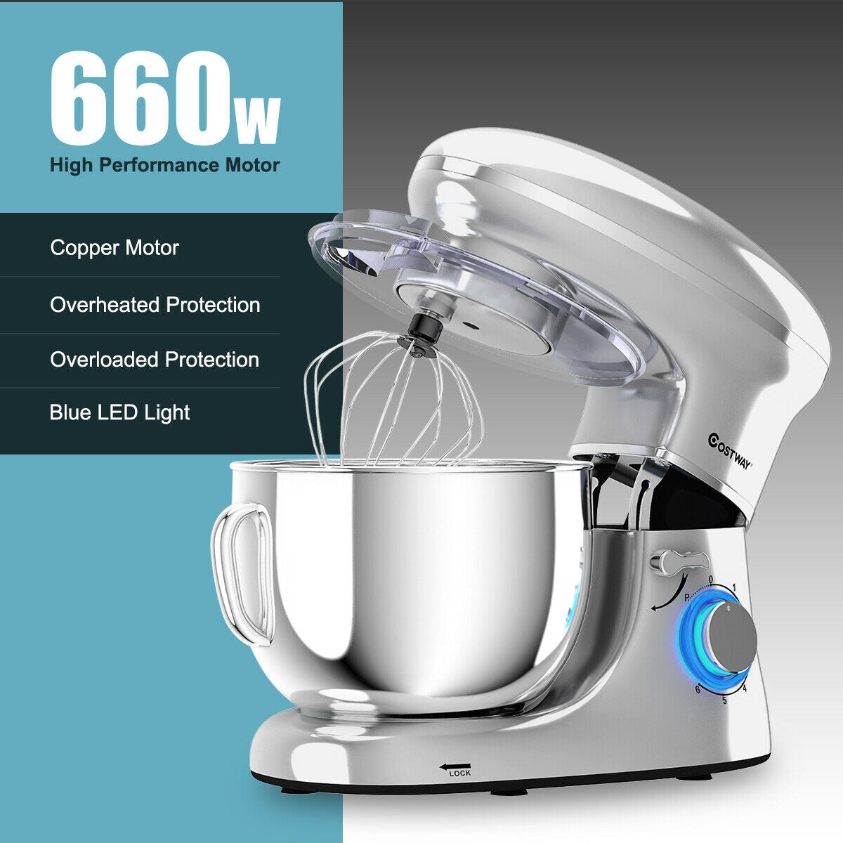 660W 6.3QT Tilt Head Stand Mixer with 6 Speed Control