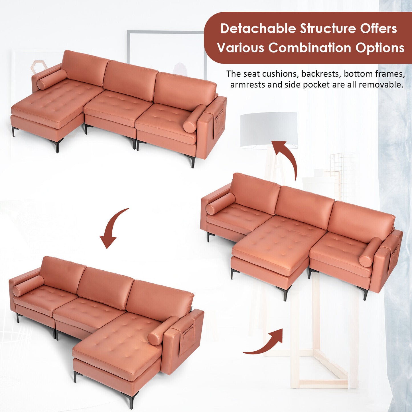 Modular L Shaped Sectional Sofa with Reversible Chaise USB Charging Ports and Hidden Storage in Pink