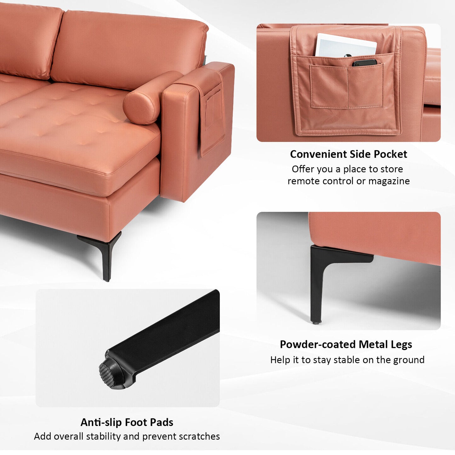 Modular L Shaped Sectional Sofa with Reversible Chaise USB Charging Ports and Hidden Storage in Pink