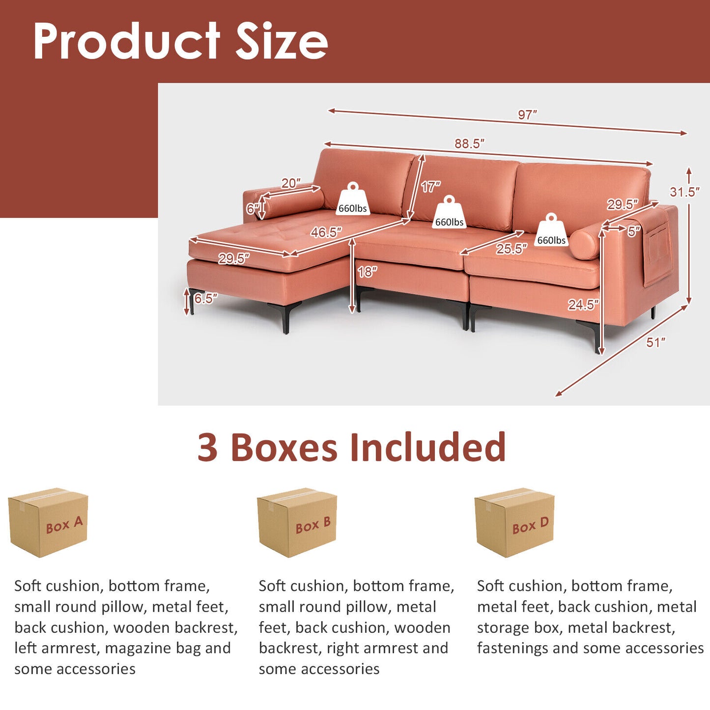 Modular L Shaped Sectional Sofa with Reversible Chaise USB Charging Ports and Hidden Storage in Pink