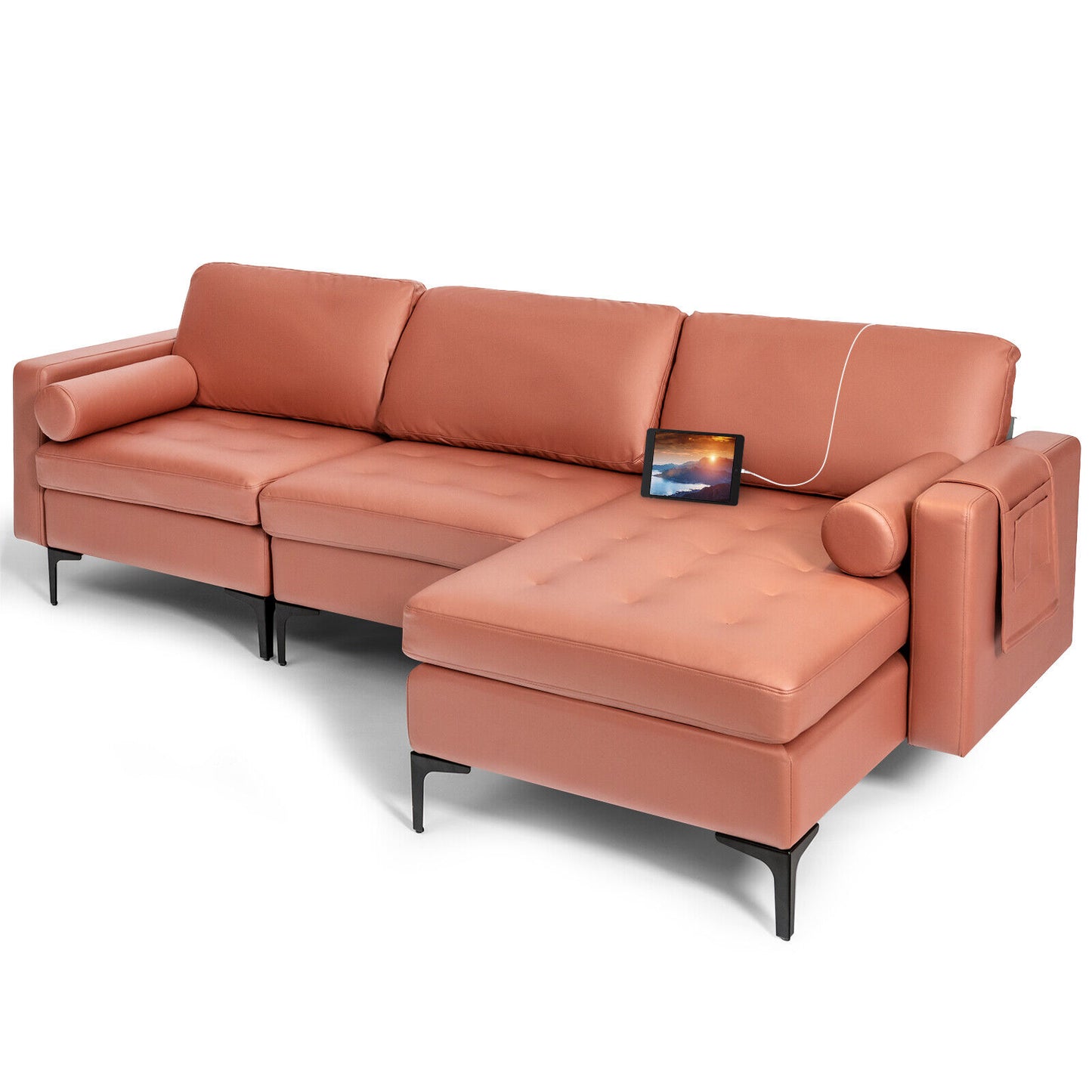 Modular L Shaped Sectional Sofa with Reversible Chaise USB Charging Ports and Hidden Storage in Pink