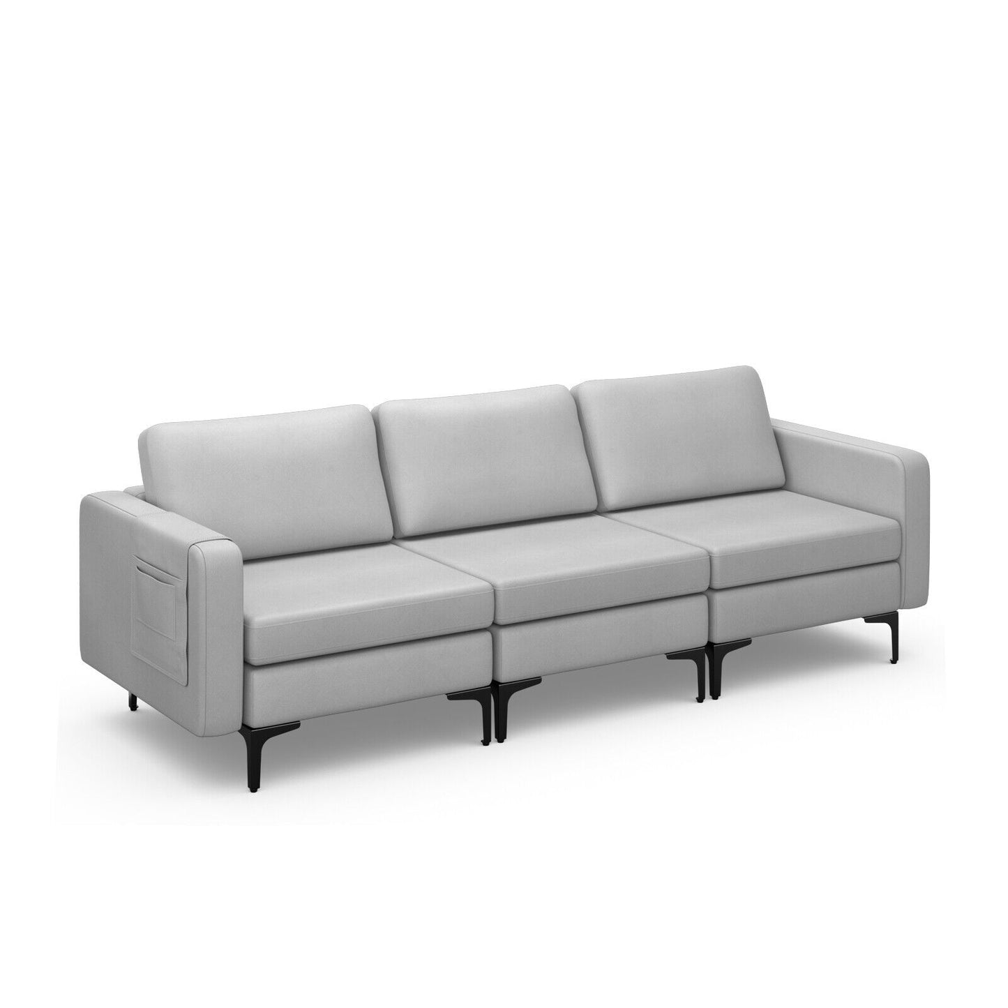 3 Seat Sofa Couch with Storage Armrest Pocket, Removable Cushions, and Metal Legs – Light Grey