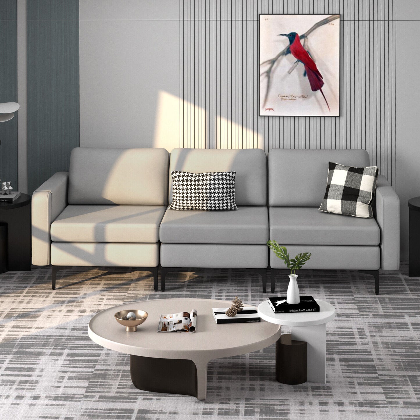3 Seat Sofa Couch with Storage Armrest Pocket, Removable Cushions, and Metal Legs – Light Grey