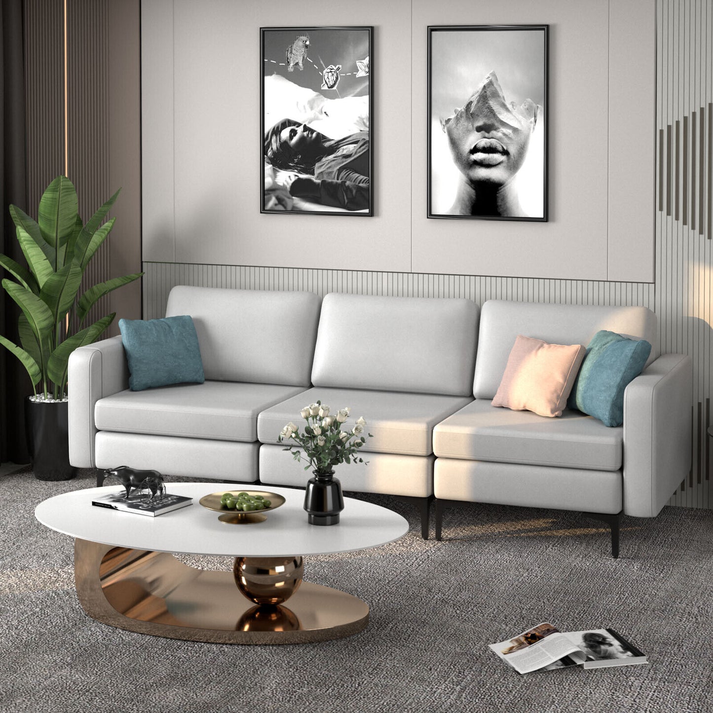 3 Seat Sofa Couch with Storage Armrest Pocket, Removable Cushions, and Metal Legs – Light Grey