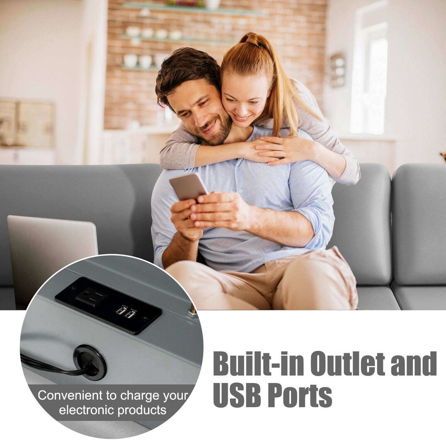 Modular L-Shaped Sectional Sofa with Reversible Ottoman, USB Ports, and Storage in Light Grey