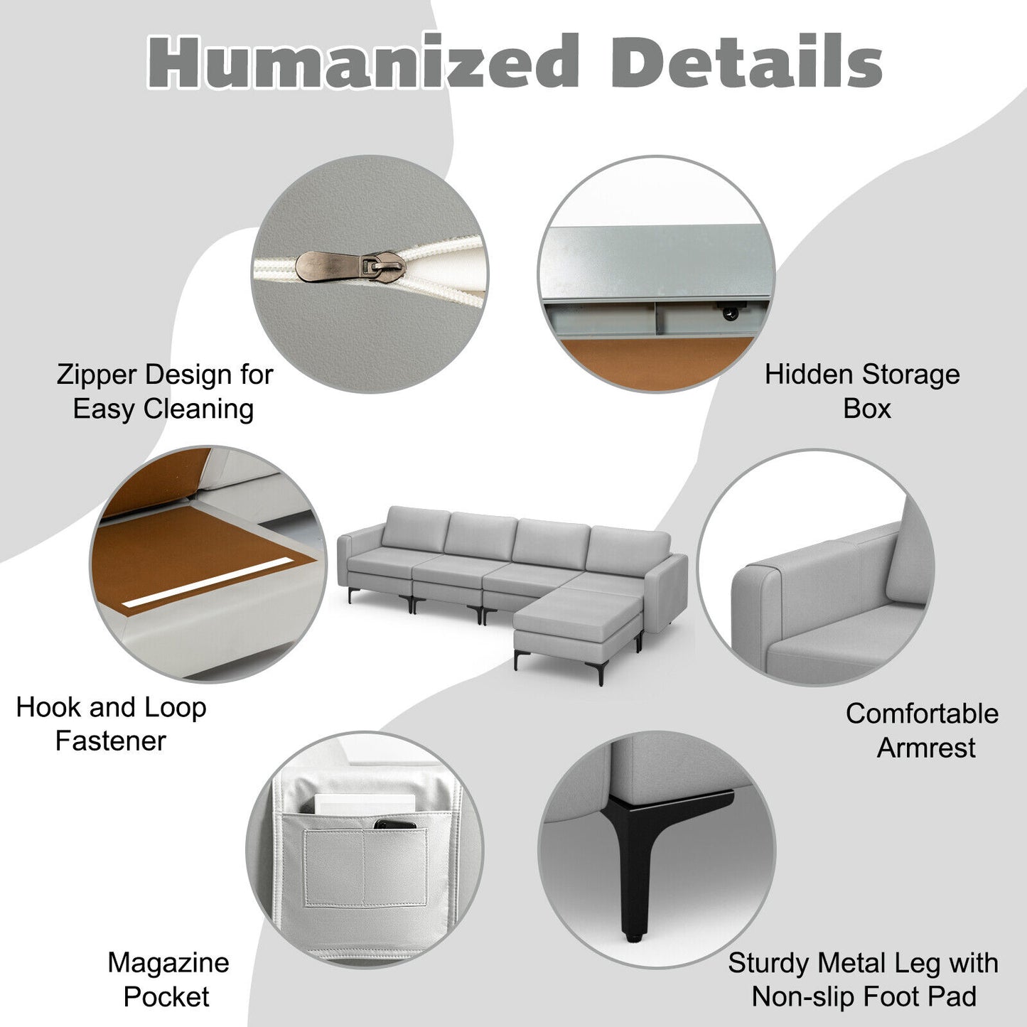 Modular L-Shaped Sectional Sofa with Reversible Ottoman, USB Ports, and Storage in Light Grey