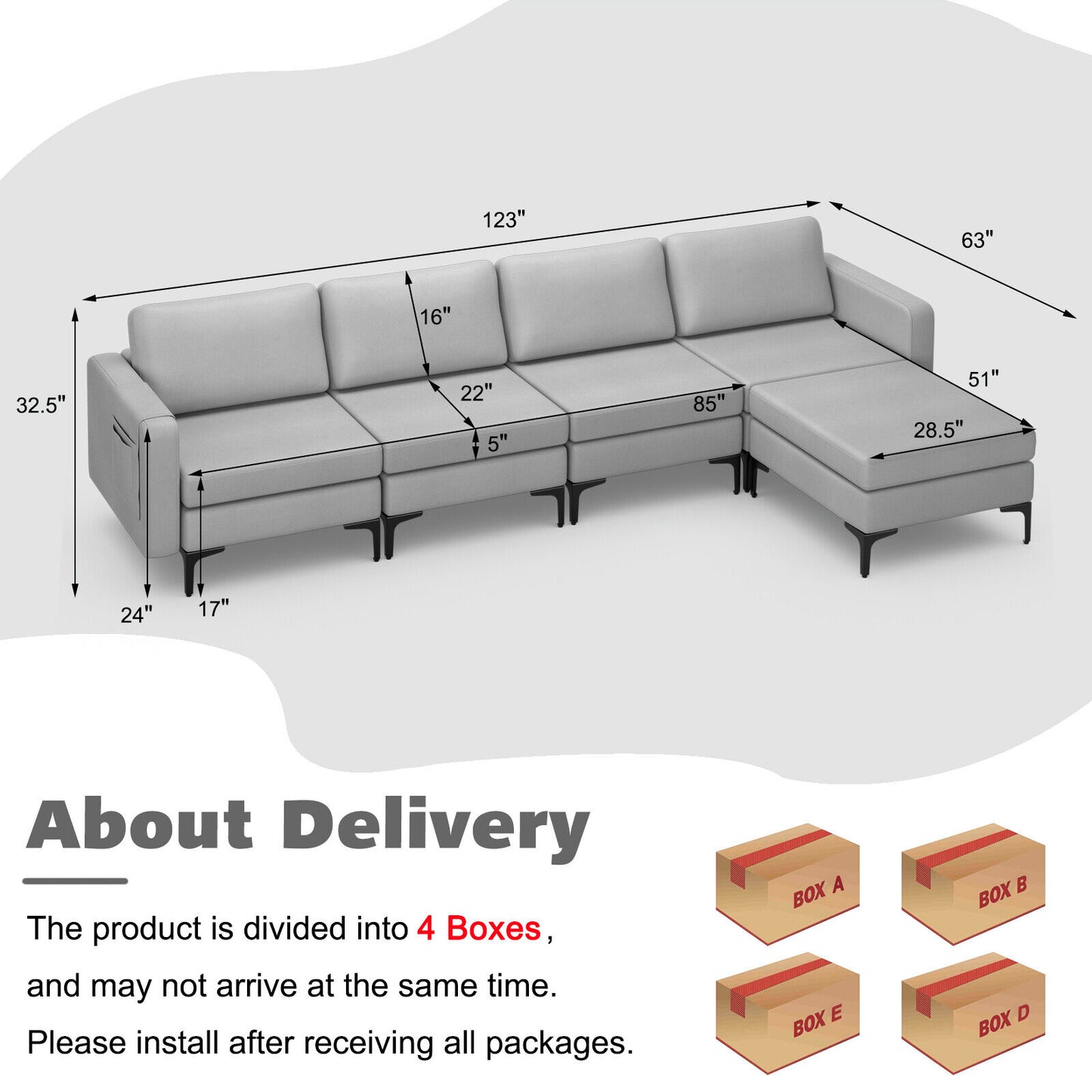Modular L-Shaped Sectional Sofa with Reversible Ottoman, USB Ports, and Storage in Light Grey