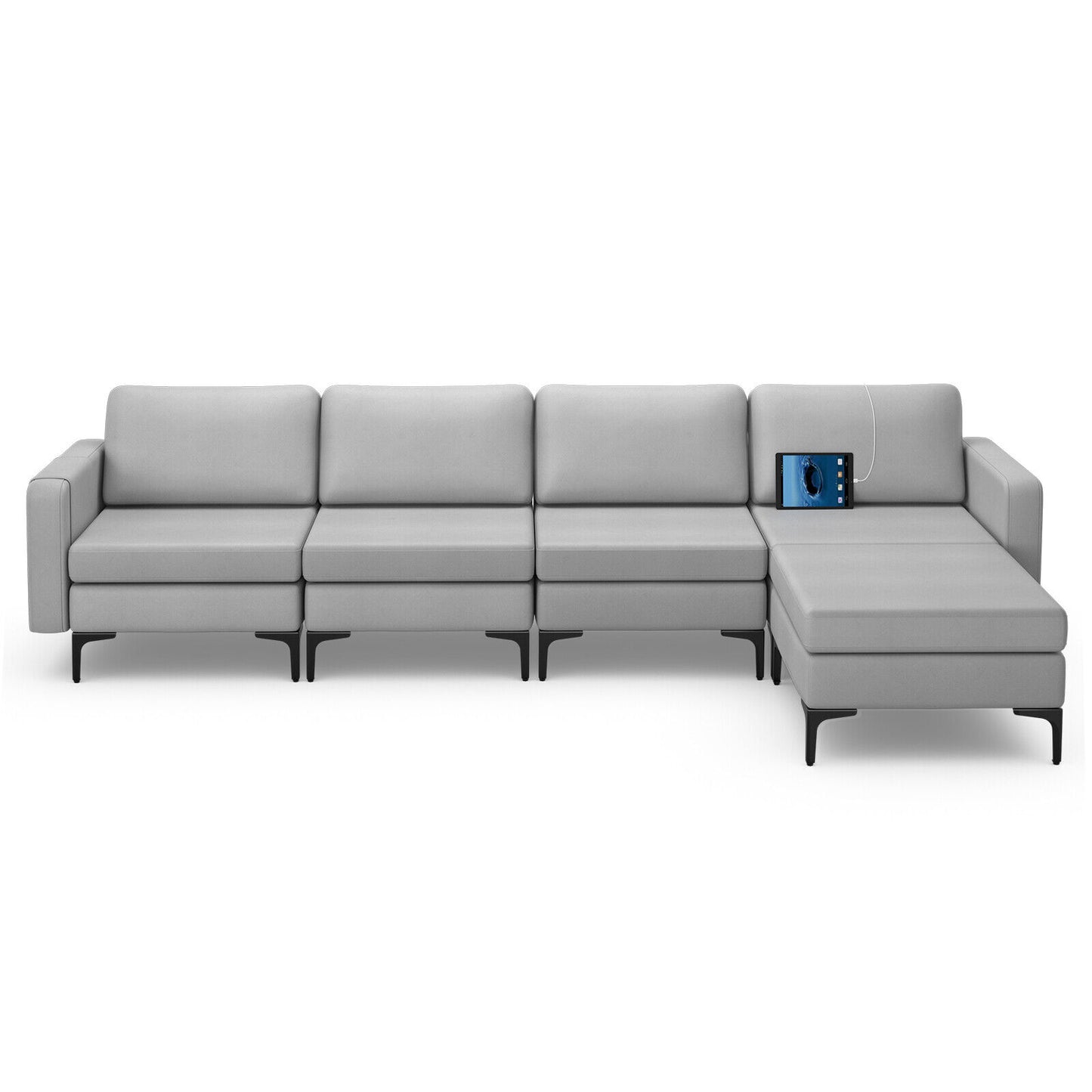 Modular L-Shaped Sectional Sofa with Reversible Ottoman, USB Ports, and Storage in Light Grey