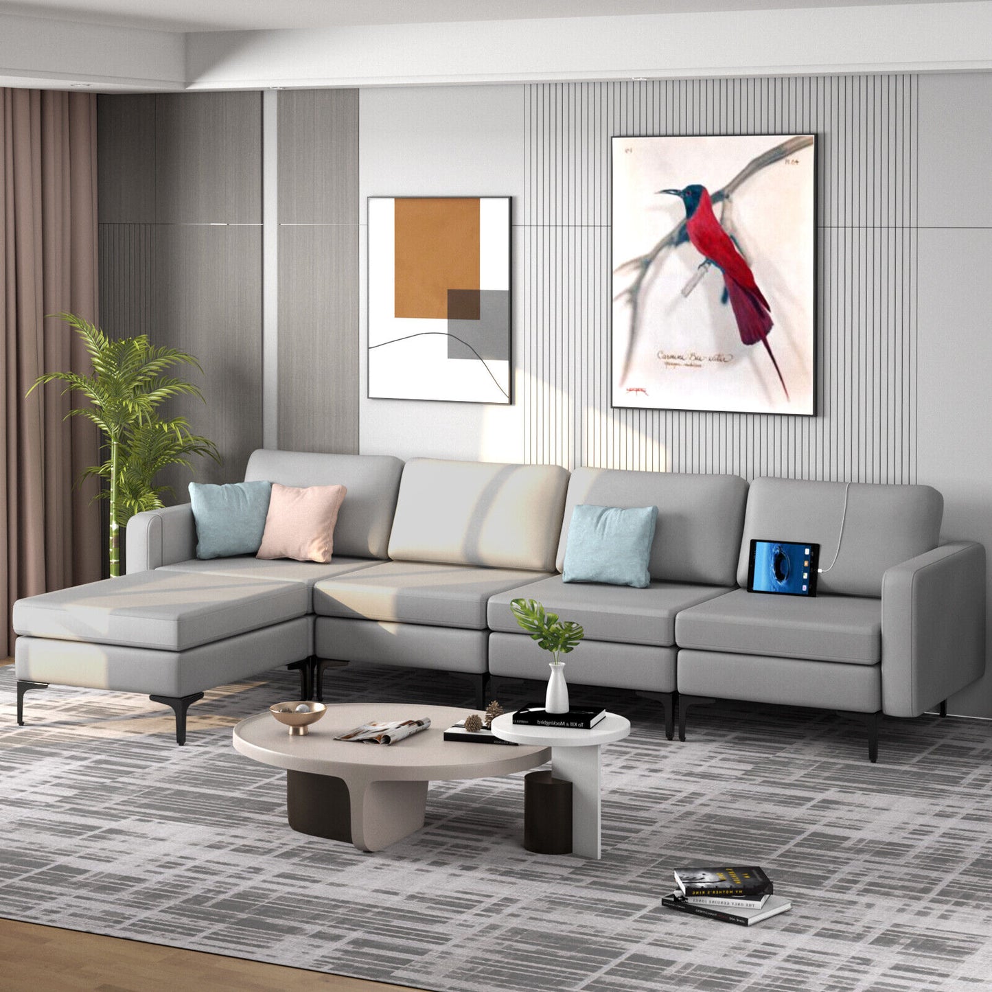 Modular L-Shaped Sectional Sofa with Reversible Ottoman, USB Ports, and Storage in Light Grey