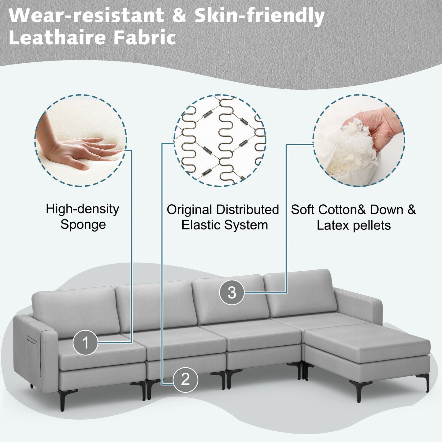 Modular L-Shaped Sectional Sofa with Reversible Ottoman, USB Ports, and Storage in Light Grey