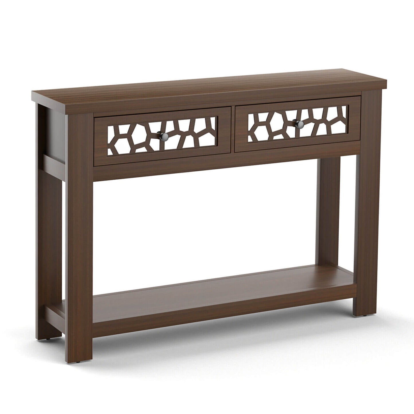 Modern 2-Tier Console Table with Mirrored Front, Drawers, and Open Storage Shelf - Brown