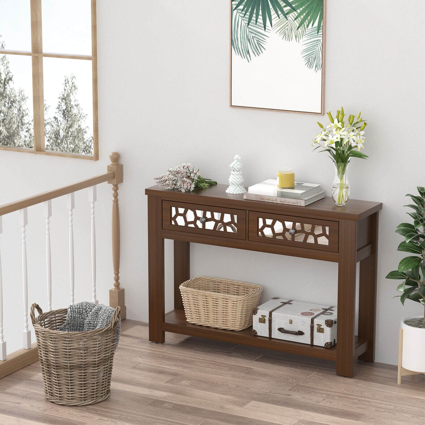 Modern 2-Tier Console Table with Mirrored Front, Drawers, and Open Storage Shelf - Brown