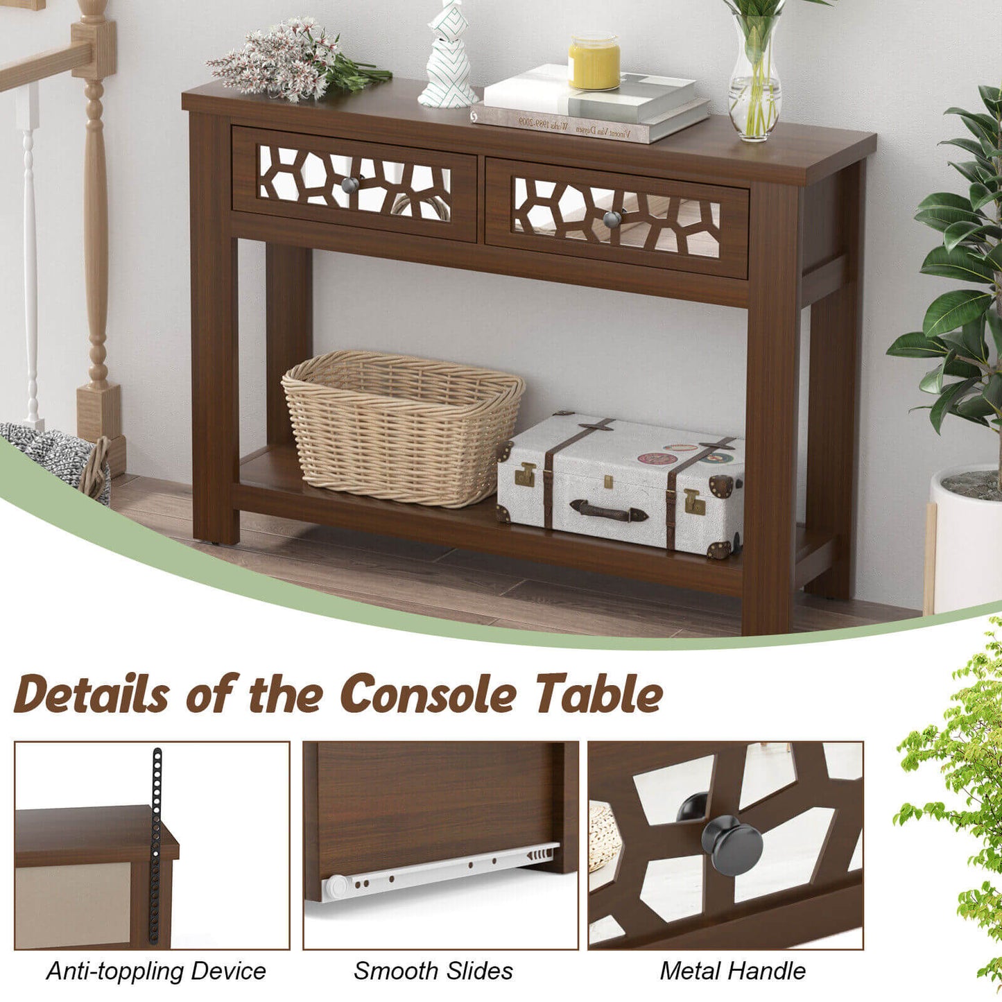 Modern 2-Tier Console Table with Mirrored Front, Drawers, and Open Storage Shelf - Brown