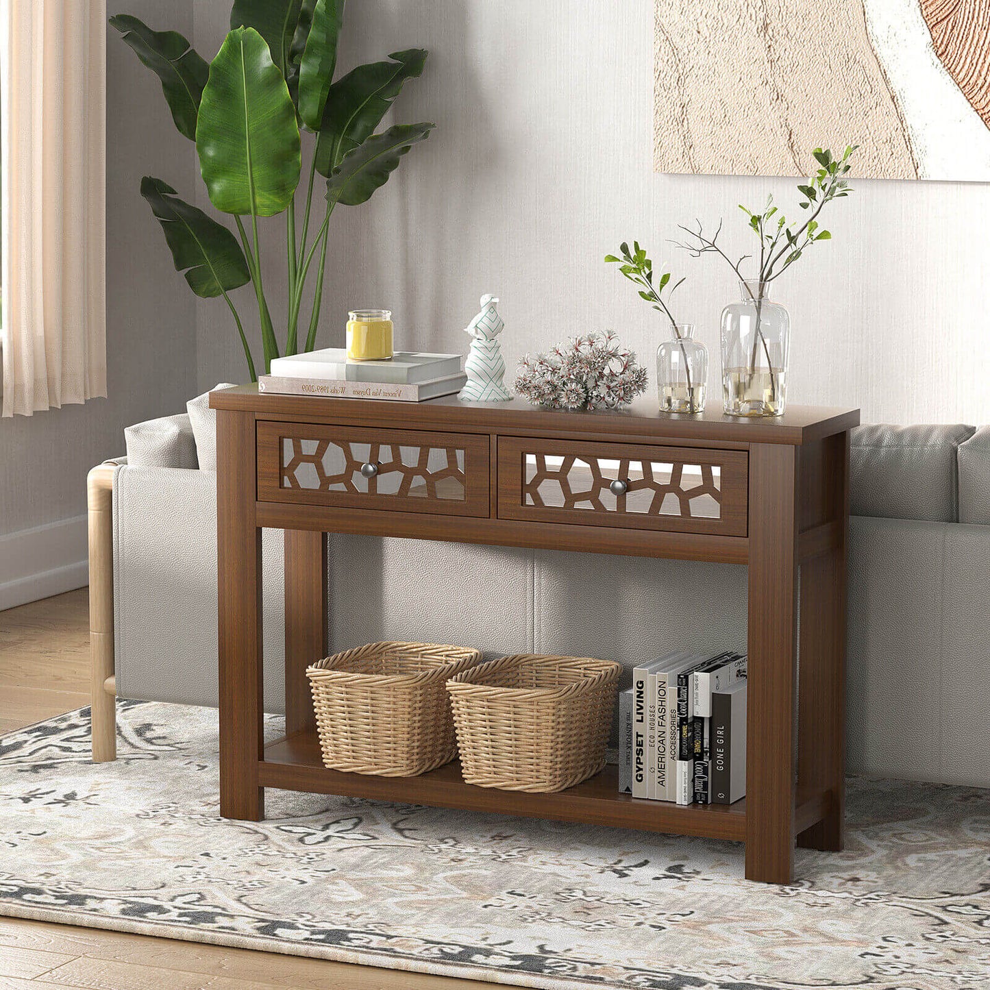 Modern 2-Tier Console Table with Mirrored Front, Drawers, and Open Storage Shelf - Brown