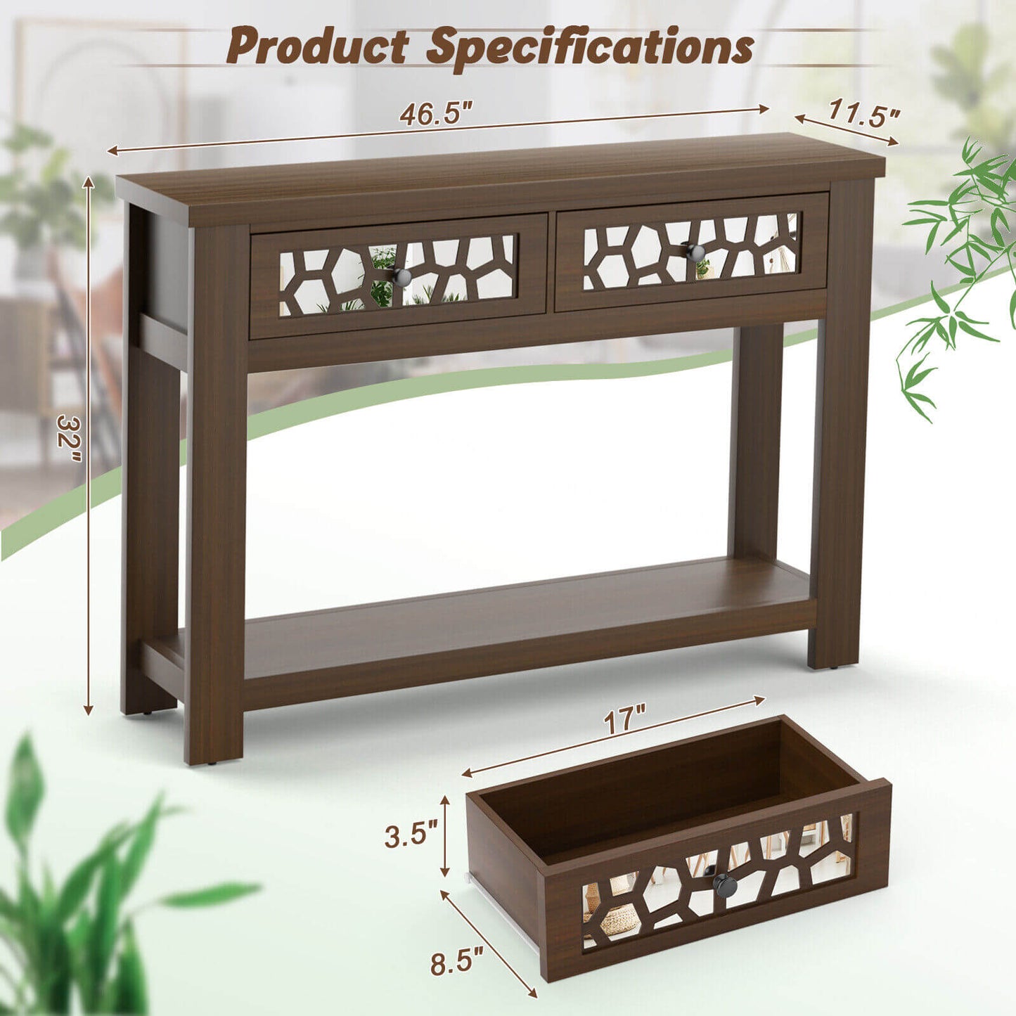 Modern 2-Tier Console Table with Mirrored Front, Drawers, and Open Storage Shelf - Brown