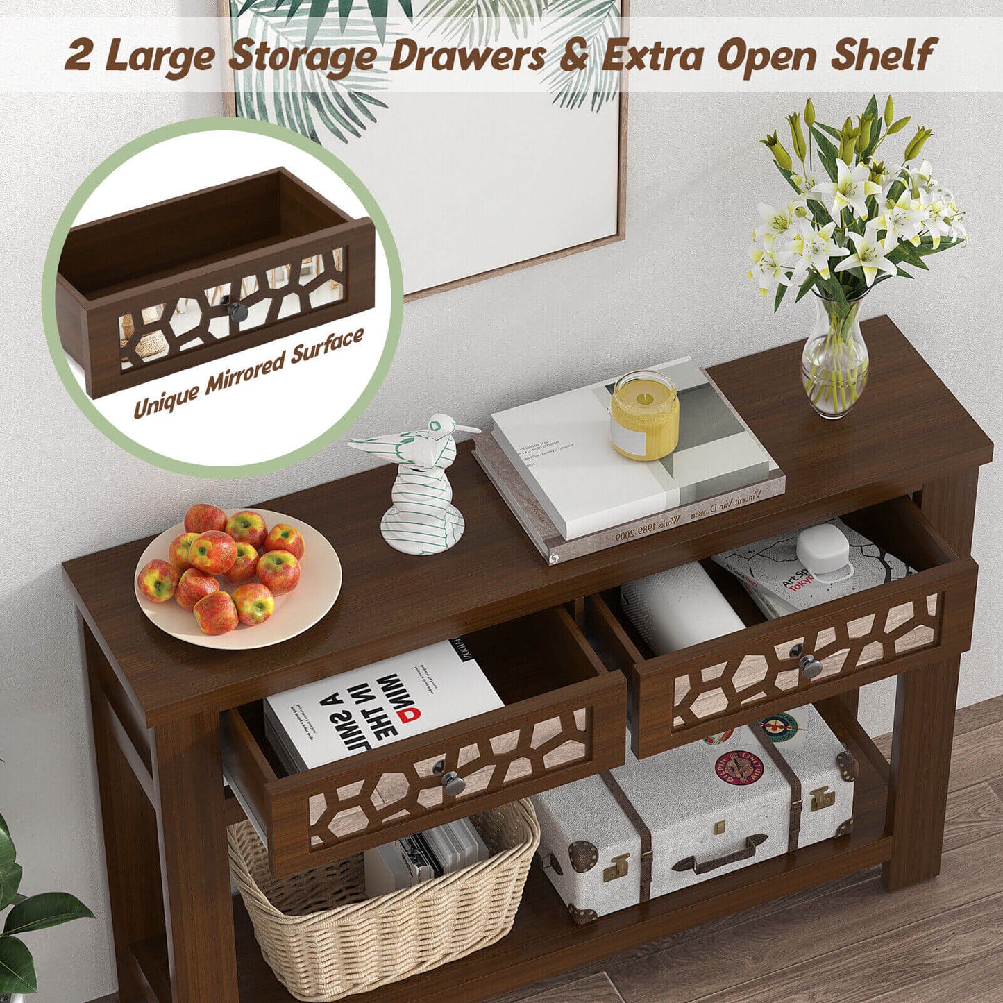 Modern 2-Tier Console Table with Mirrored Front, Drawers, and Open Storage Shelf - Brown