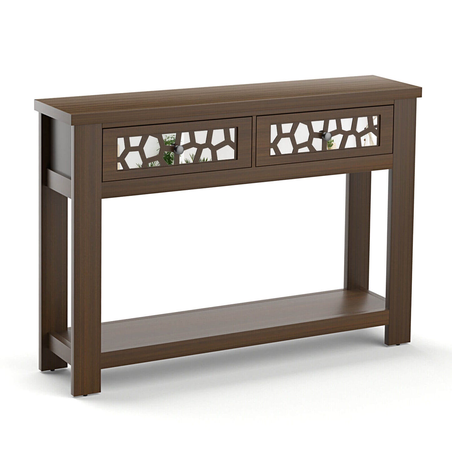 Modern 2-Tier Console Table with Mirrored Front, Drawers, and Open Storage Shelf - Brown