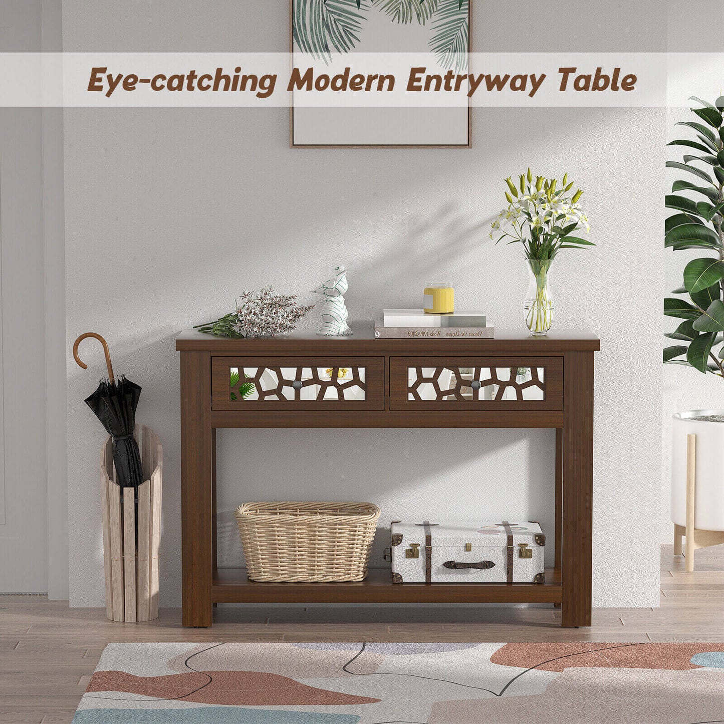 Modern 2-Tier Console Table with Mirrored Front, Drawers, and Open Storage Shelf - Brown