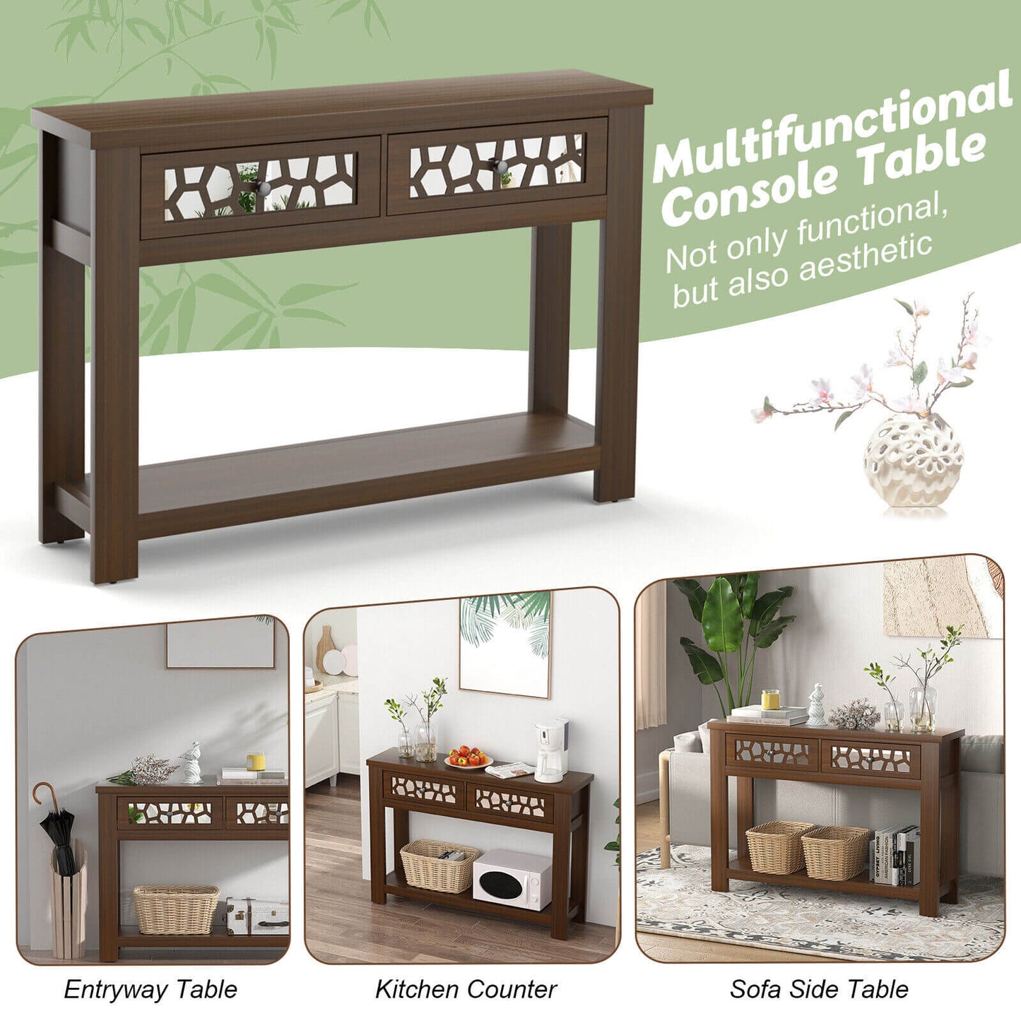 Modern 2-Tier Console Table with Mirrored Front, Drawers, and Open Storage Shelf - Brown