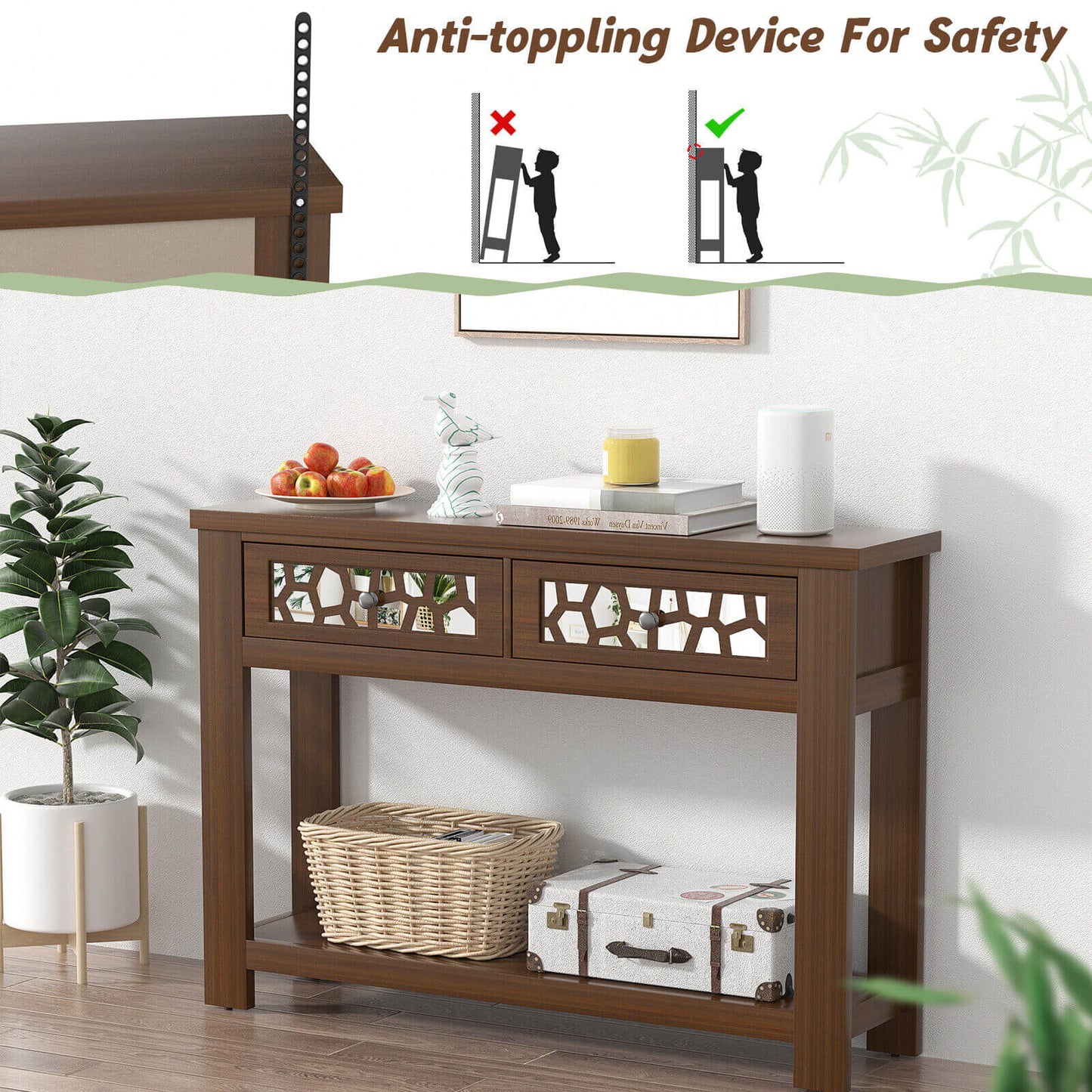 Modern 2-Tier Console Table with Mirrored Front, Drawers, and Open Storage Shelf - Brown
