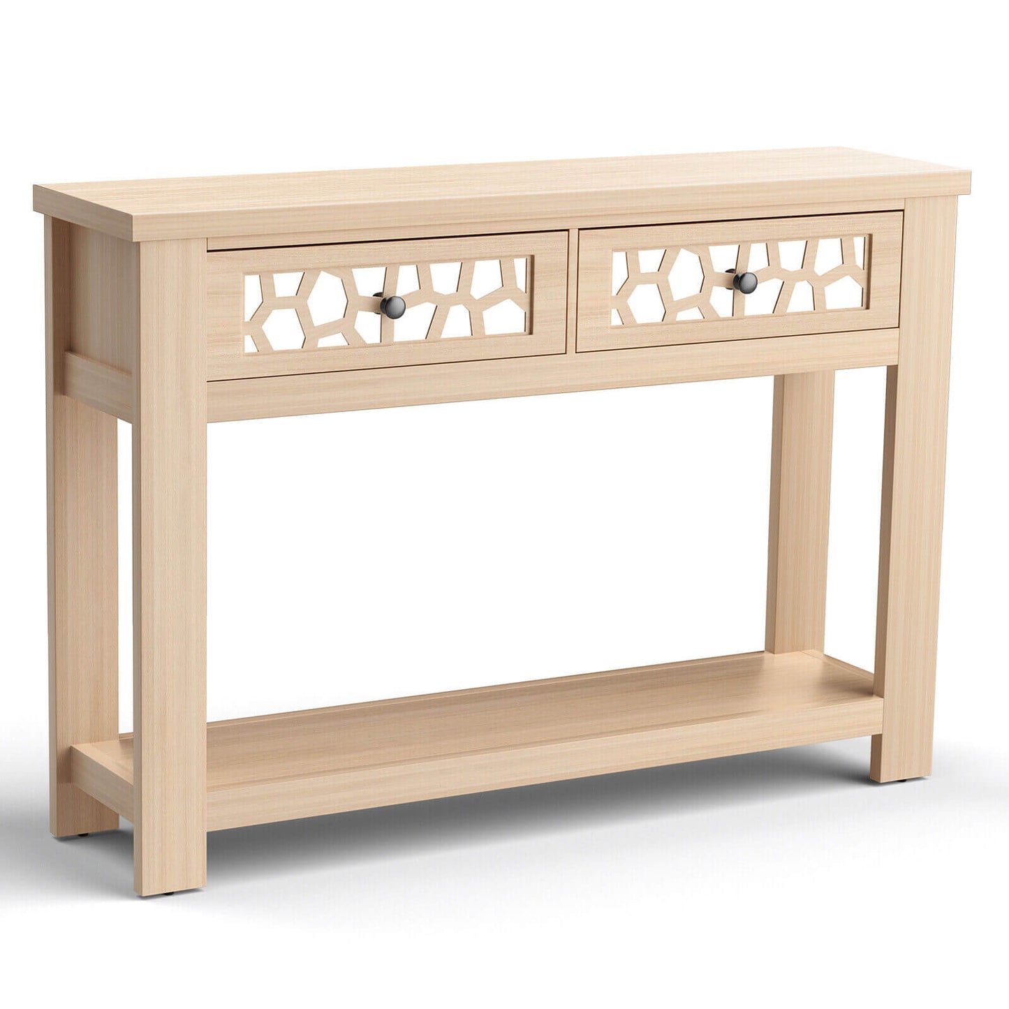 Modern 2-Tier Console Table with Mirrored Front, Drawers, and Open Storage Shelf - Natural