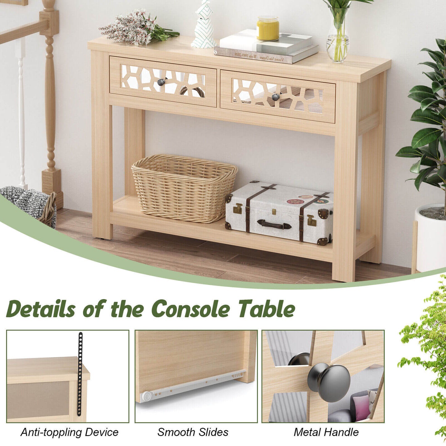 Modern 2-Tier Console Table with Mirrored Front, Drawers, and Open Storage Shelf - Natural