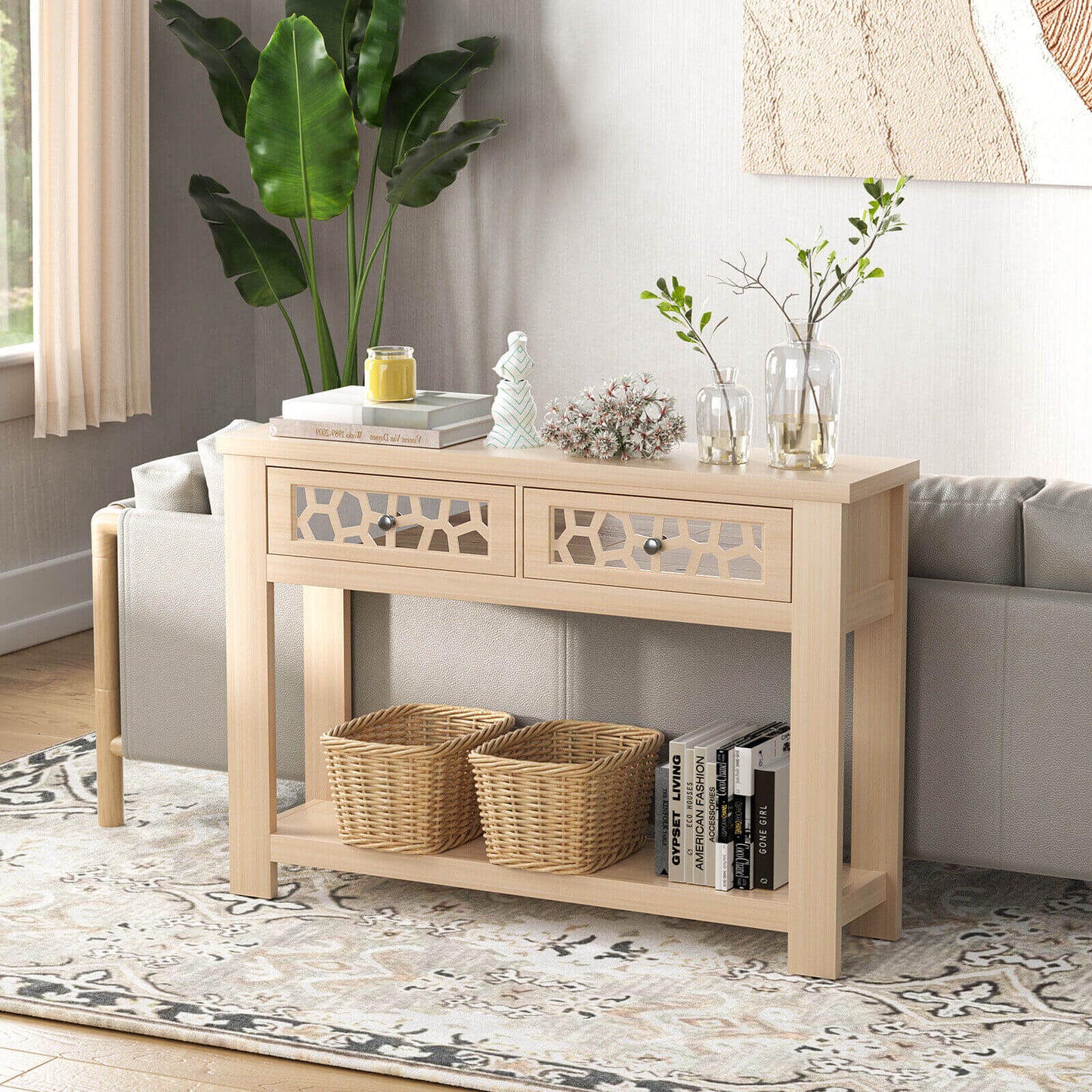 Modern 2-Tier Console Table with Mirrored Front, Drawers, and Open Storage Shelf - Natural