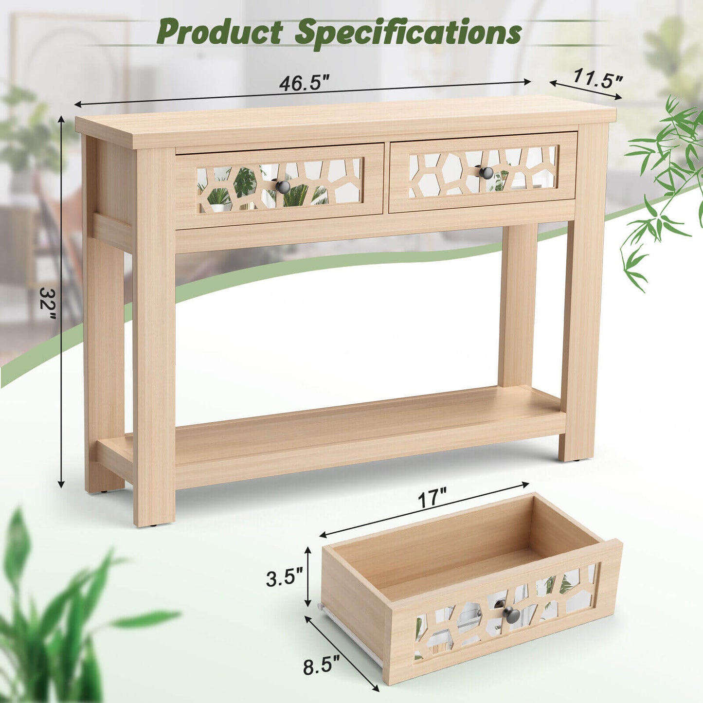 Modern 2-Tier Console Table with Mirrored Front, Drawers, and Open Storage Shelf - Natural
