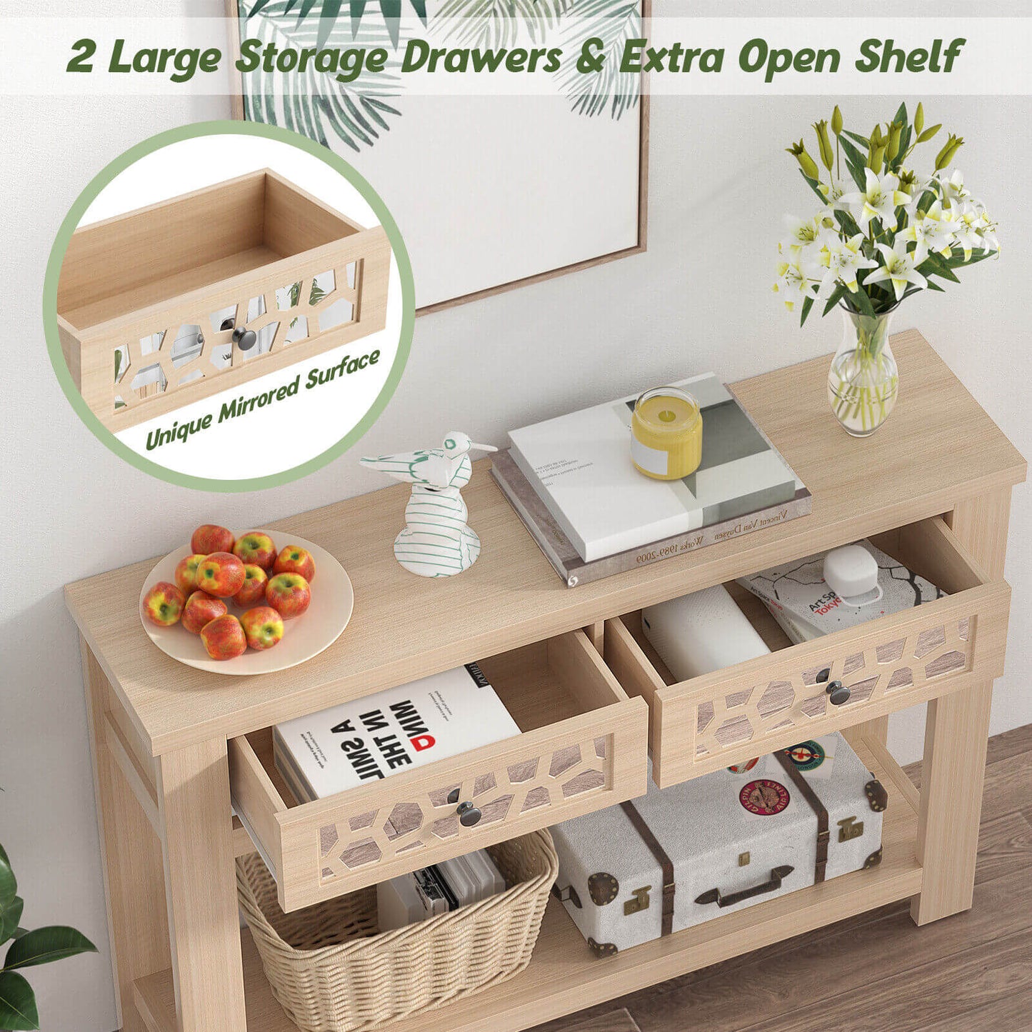Modern 2-Tier Console Table with Mirrored Front, Drawers, and Open Storage Shelf - Natural