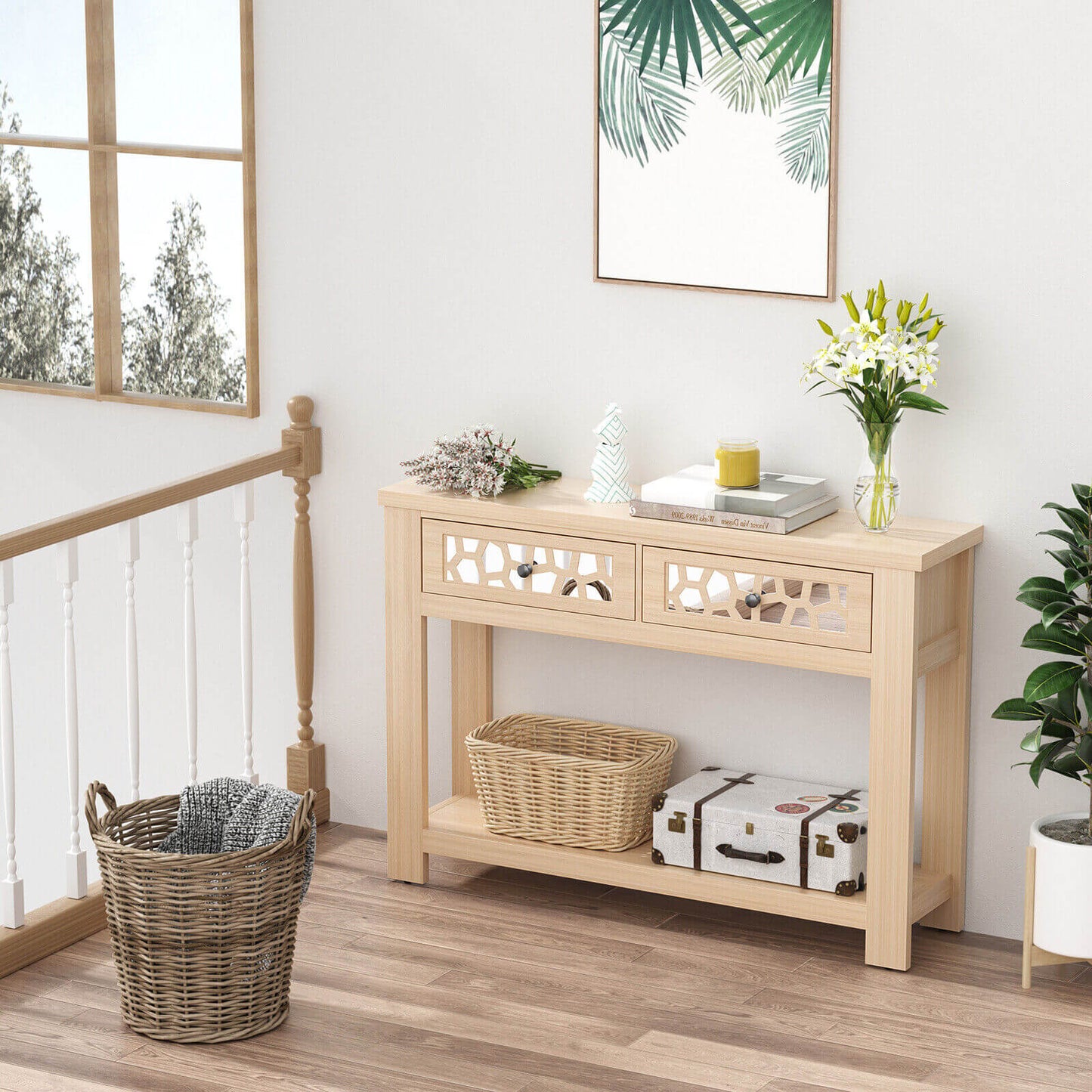 Modern 2-Tier Console Table with Mirrored Front, Drawers, and Open Storage Shelf - Natural