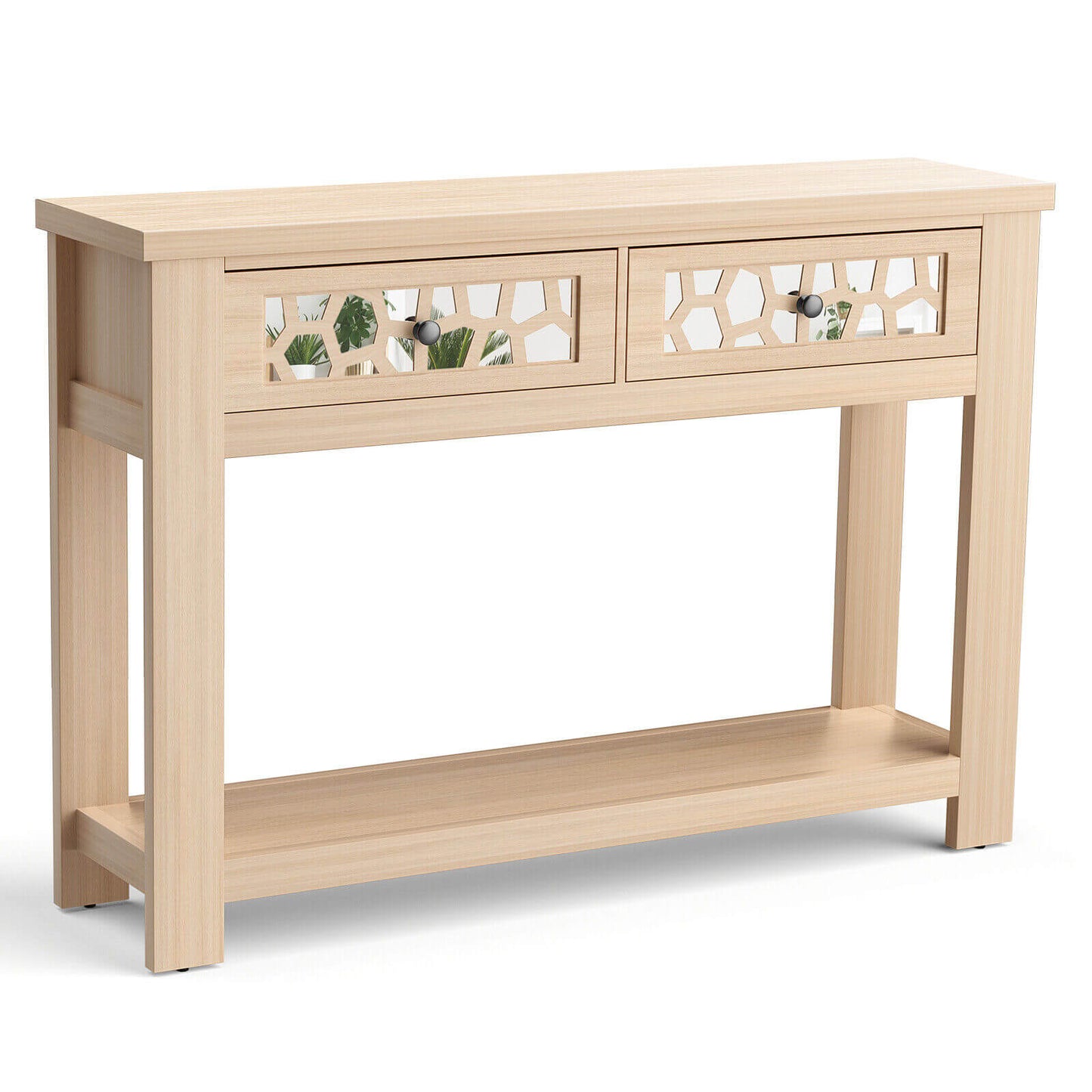Modern 2-Tier Console Table with Mirrored Front, Drawers, and Open Storage Shelf - Natural