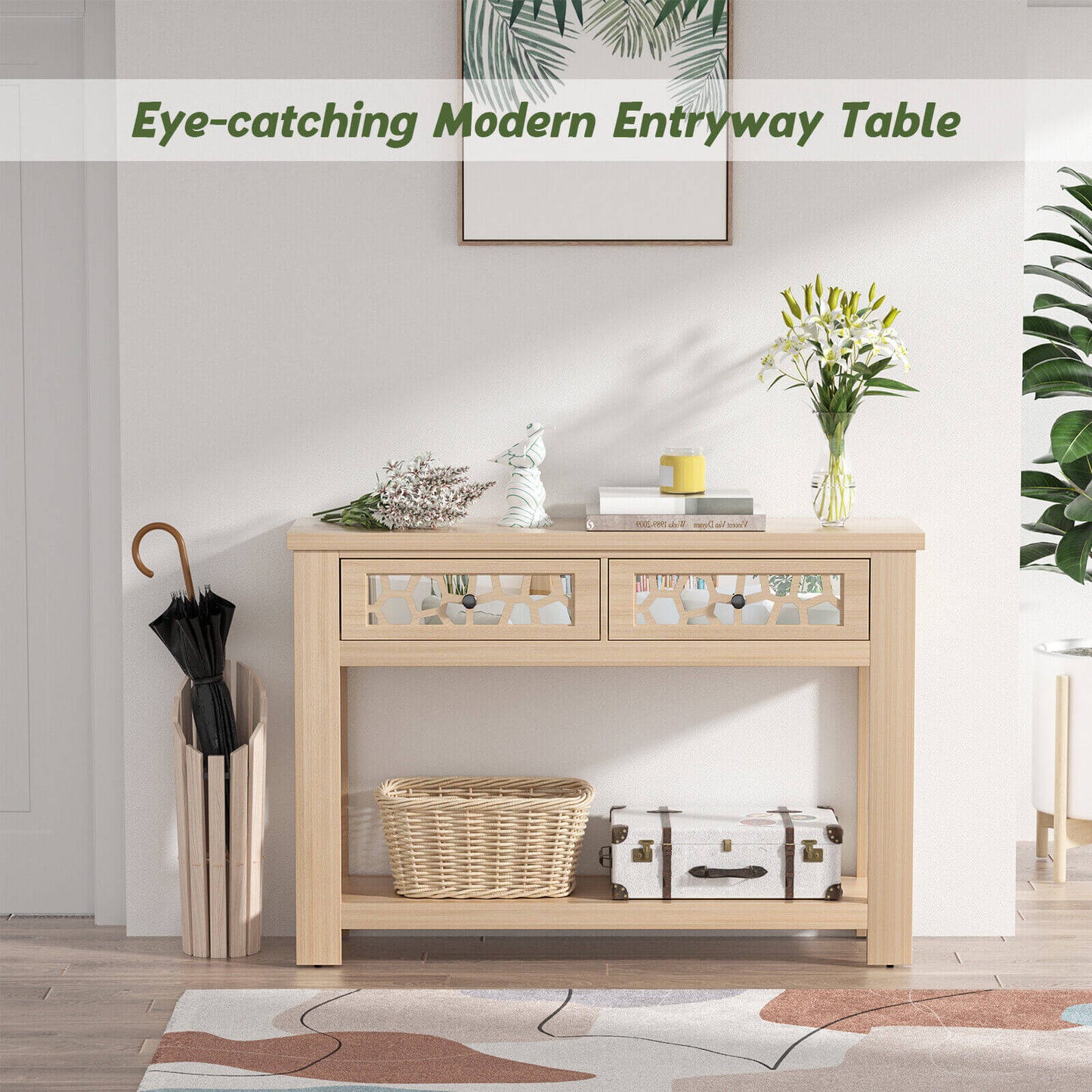 Modern 2-Tier Console Table with Mirrored Front, Drawers, and Open Storage Shelf - Natural