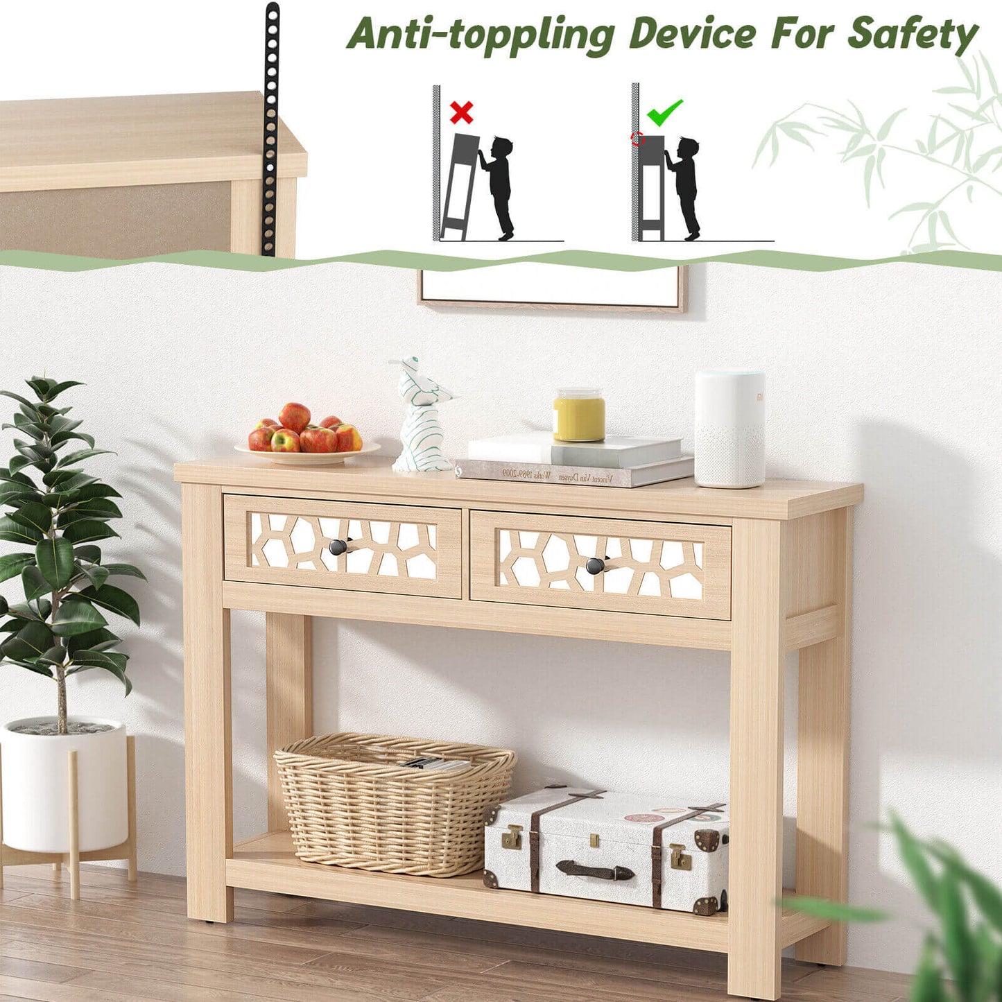 Modern 2-Tier Console Table with Mirrored Front, Drawers, and Open Storage Shelf - Natural
