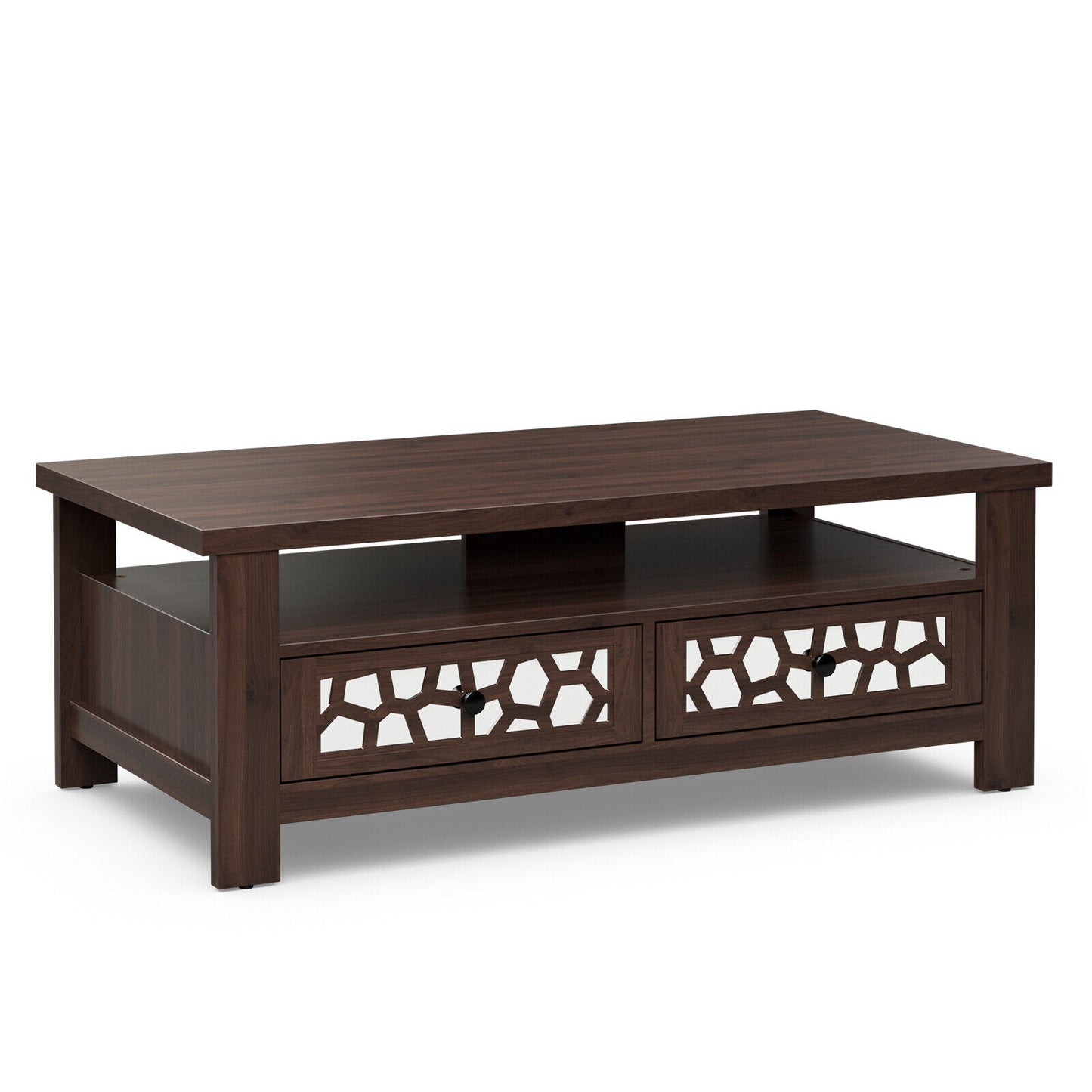 Wooden Coffee Table with 3 Levels, 2 Storage Drawers, and 5 Support Legs - Brown