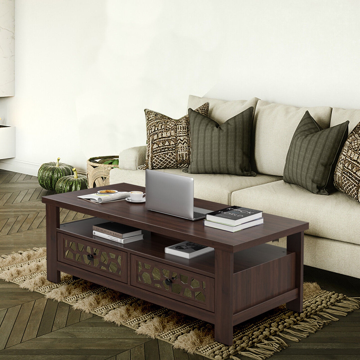 Wooden Coffee Table with 3 Levels, 2 Storage Drawers, and 5 Support Legs - Brown