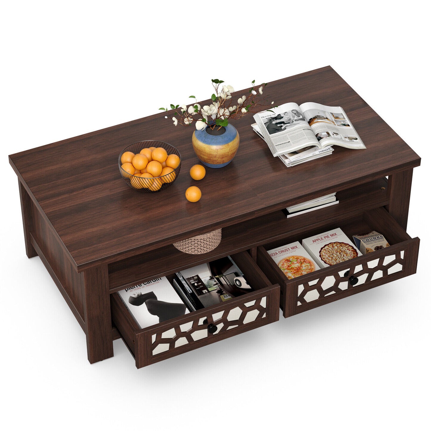 Wooden Coffee Table with 3 Levels, 2 Storage Drawers, and 5 Support Legs - Brown