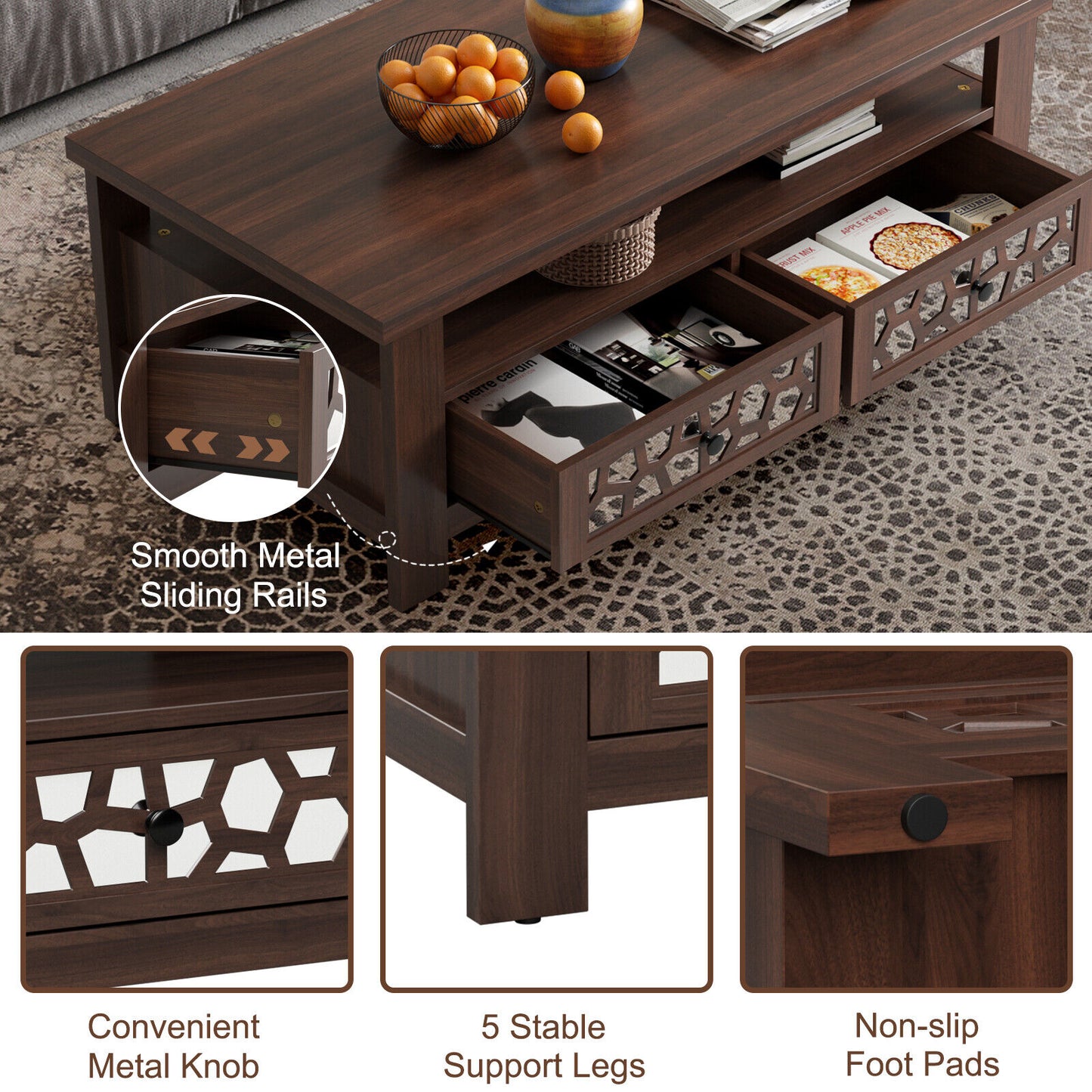 Wooden Coffee Table with 3 Levels, 2 Storage Drawers, and 5 Support Legs - Brown