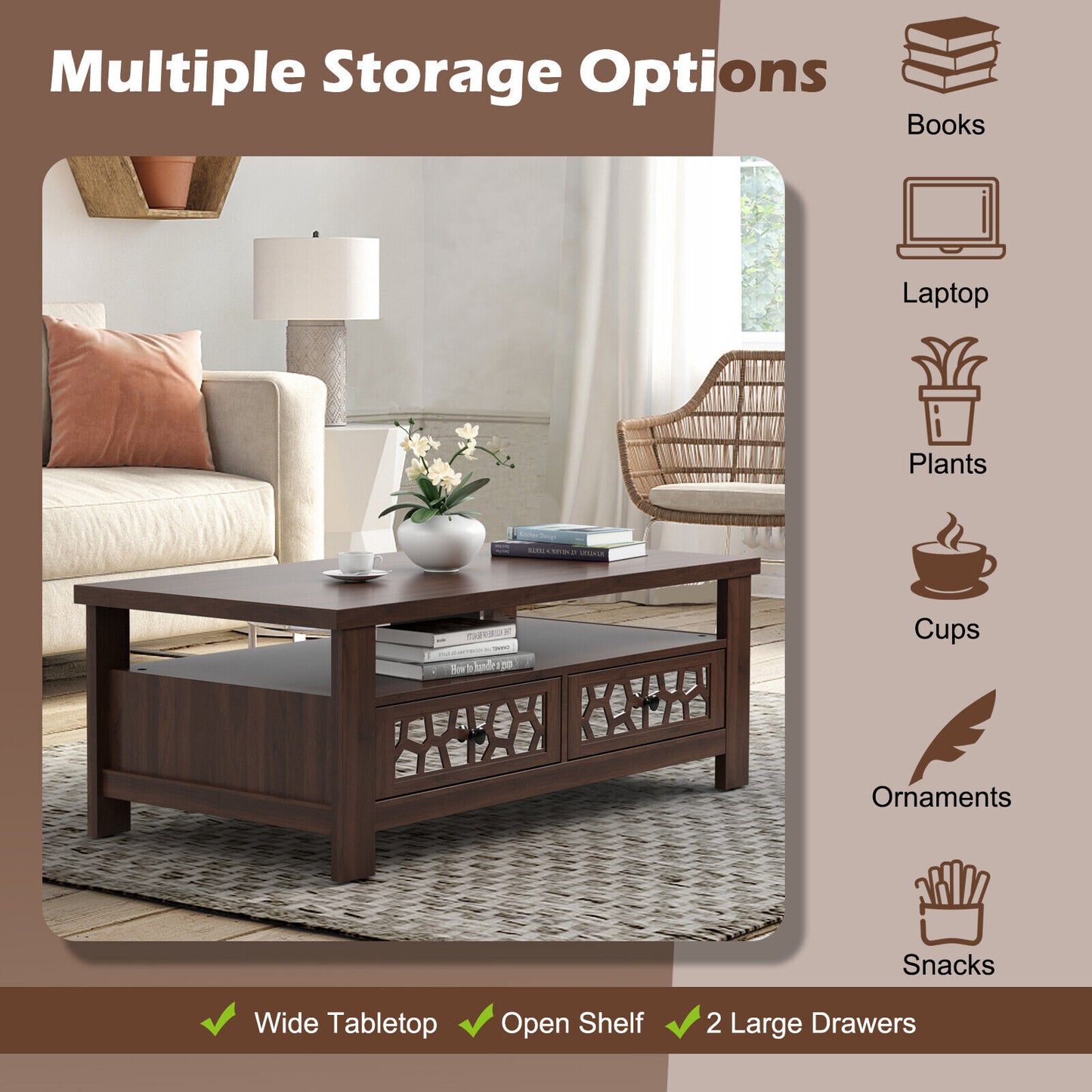 Wooden Coffee Table with 3 Levels, 2 Storage Drawers, and 5 Support Legs - Brown
