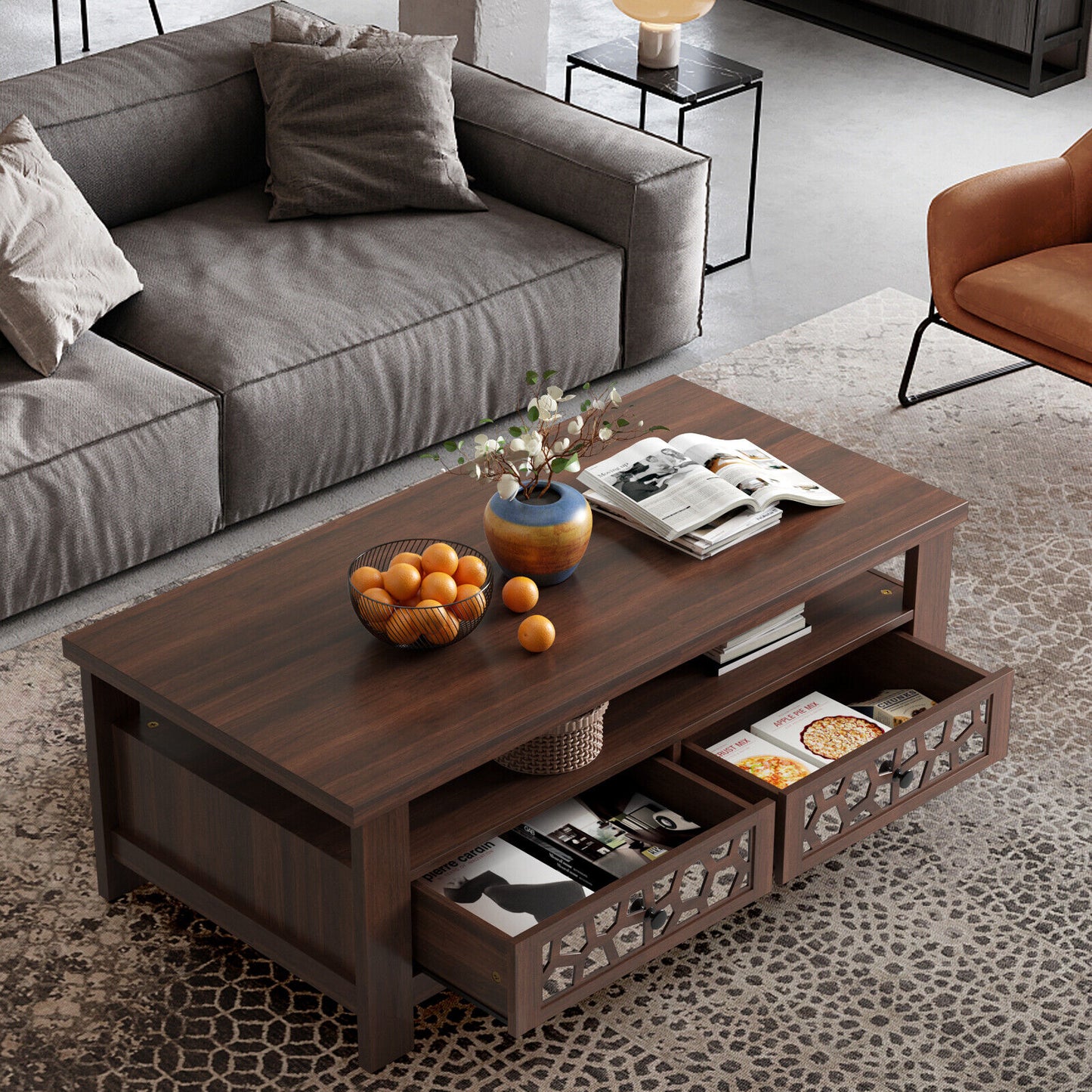 Wooden Coffee Table with 3 Levels, 2 Storage Drawers, and 5 Support Legs - Brown