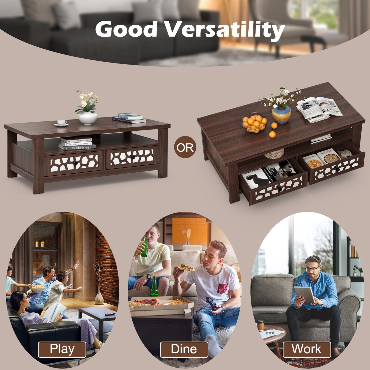 Wooden Coffee Table with 3 Levels, 2 Storage Drawers, and 5 Support Legs - Brown