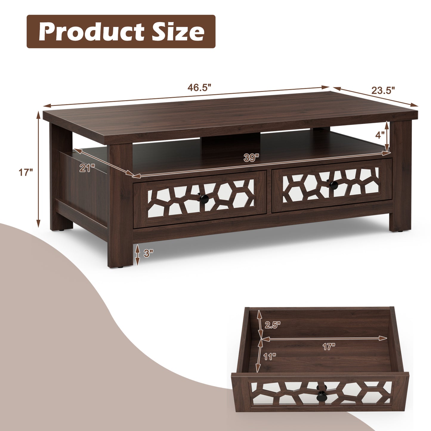 Wooden Coffee Table with 3 Levels, 2 Storage Drawers, and 5 Support Legs - Brown