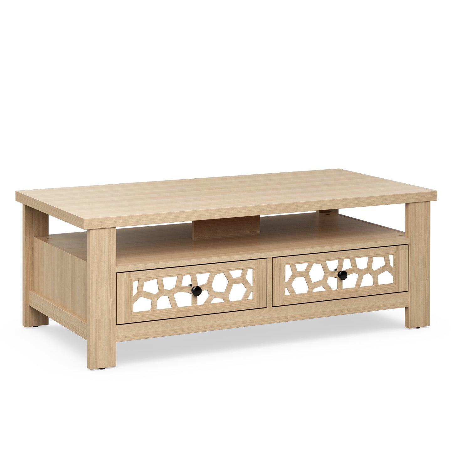 Wooden Coffee Table with 3 Levels, 2 Storage Drawers, and 5 Support Legs - Natural