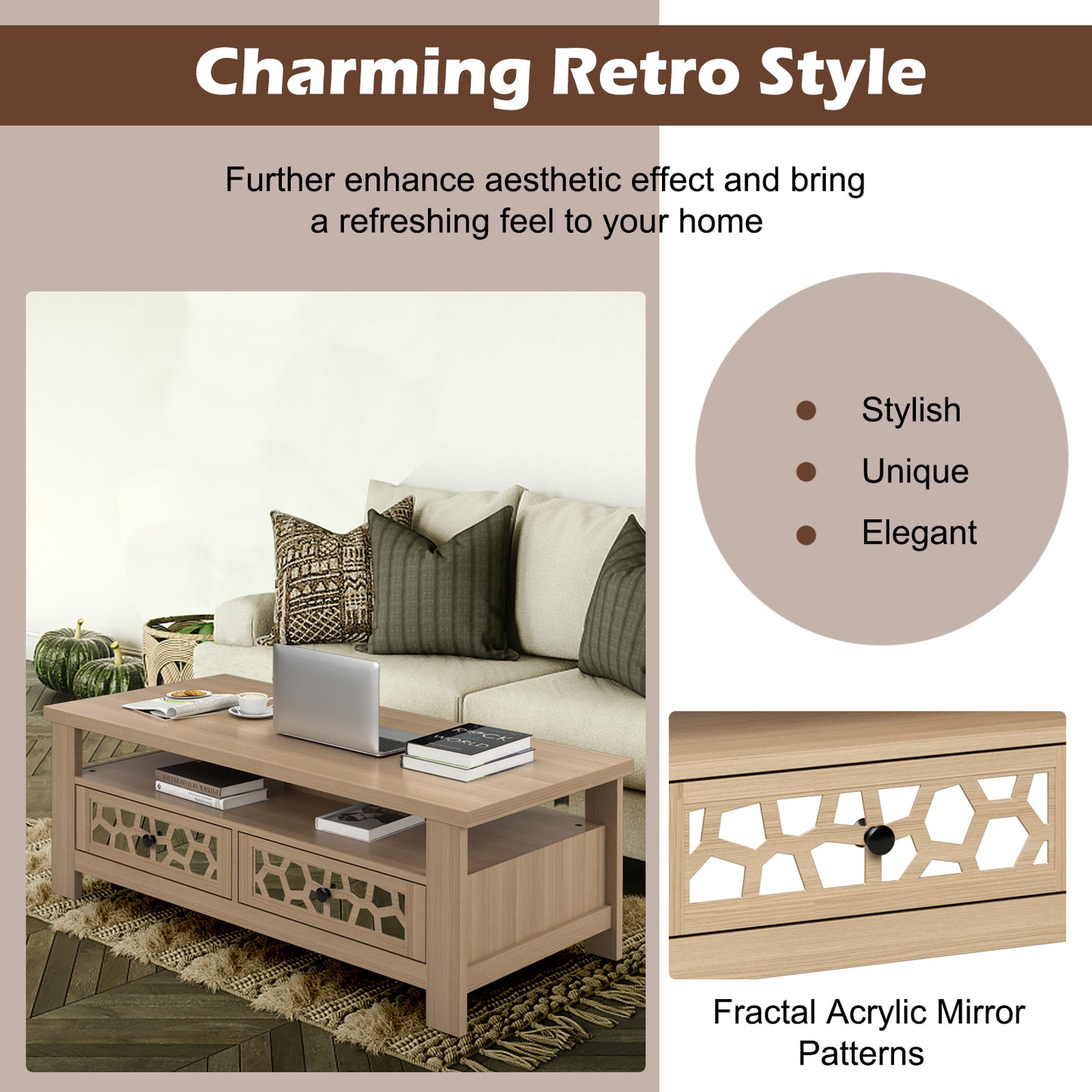 Wooden Coffee Table with 3 Levels, 2 Storage Drawers, and 5 Support Legs - Natural