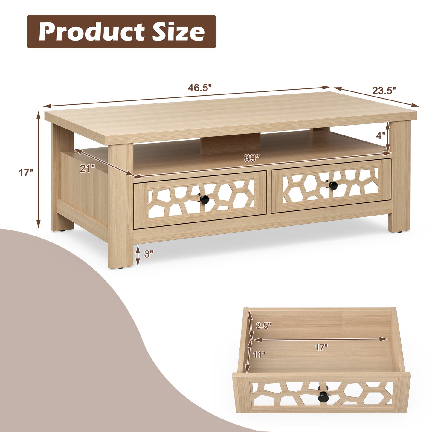 Wooden Coffee Table with 3 Levels, 2 Storage Drawers, and 5 Support Legs - Natural