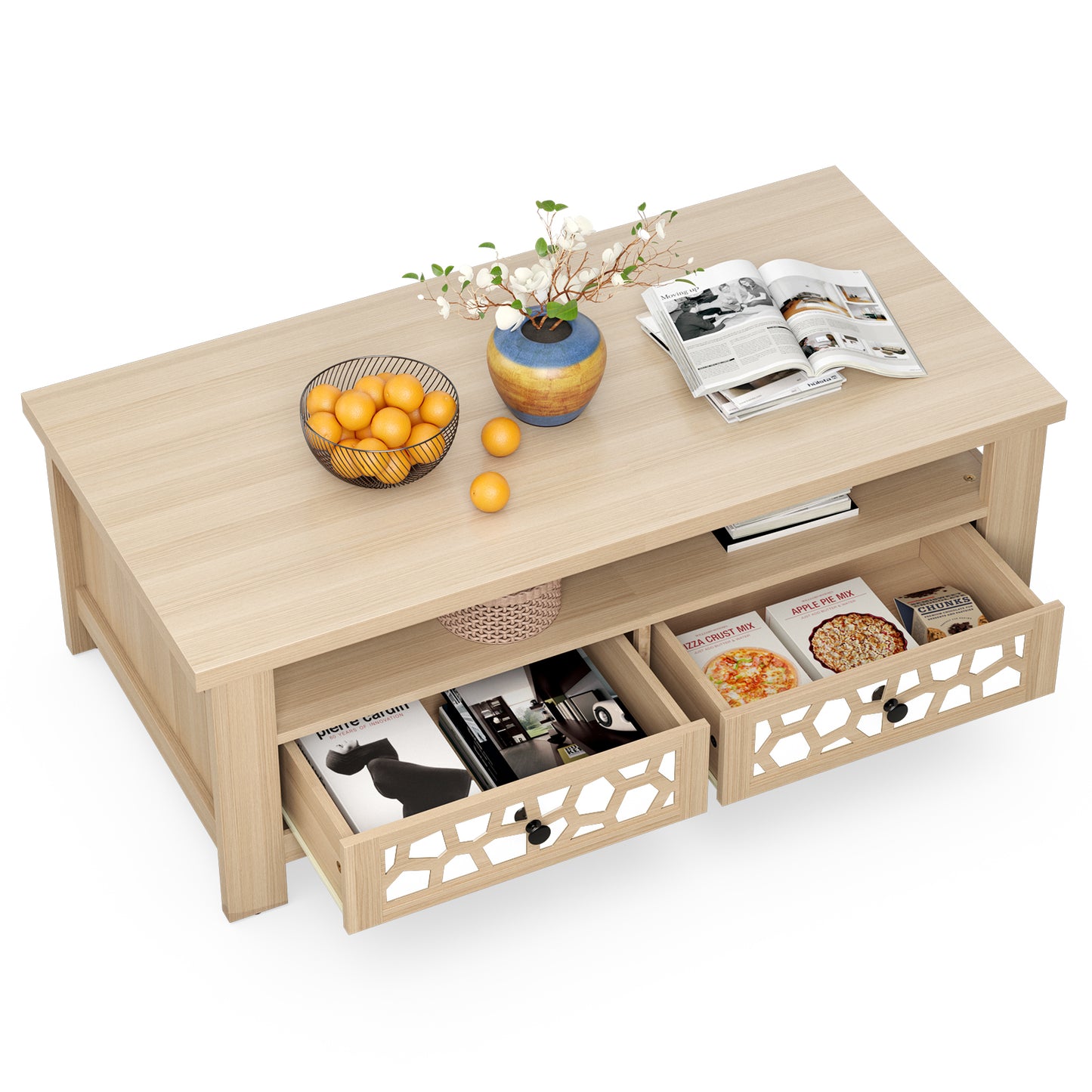 Wooden Coffee Table with 3 Levels, 2 Storage Drawers, and 5 Support Legs - Natural