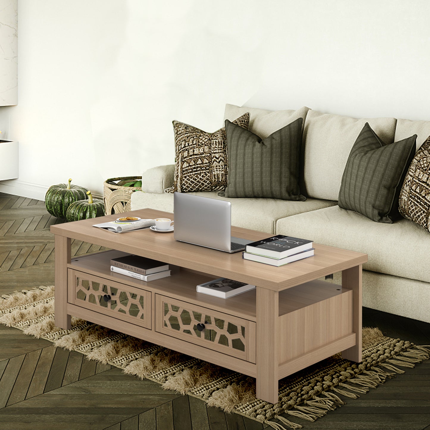 Wooden Coffee Table with 3 Levels, 2 Storage Drawers, and 5 Support Legs - Natural
